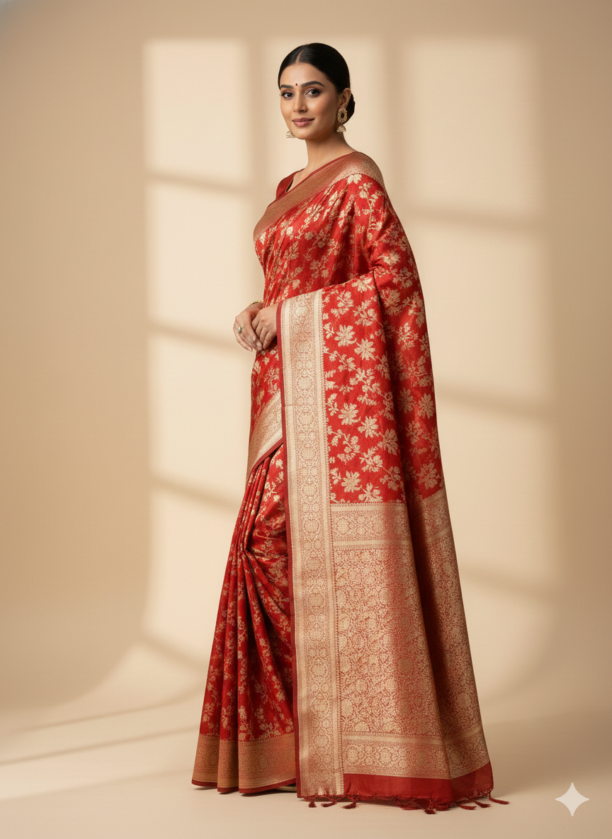 Classic Bridal Red Pure Katan Silk Banarasi Saree with All-Over Gold Zari Floral Jaal