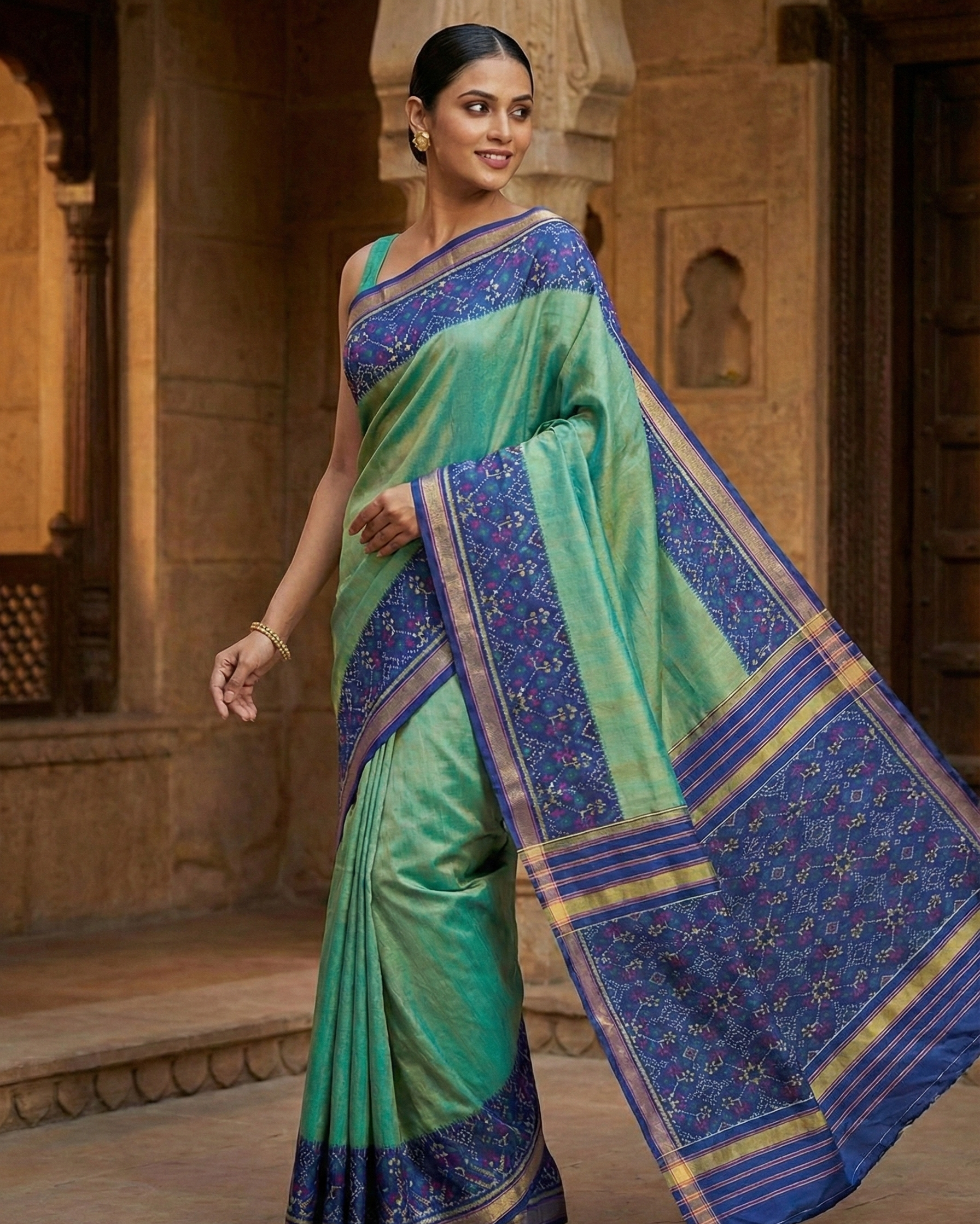 Exquisite Turquoise and Indigo Blue Single Ikat Patola Sheen Silk Handloom Saree with Geometric Floral Borders