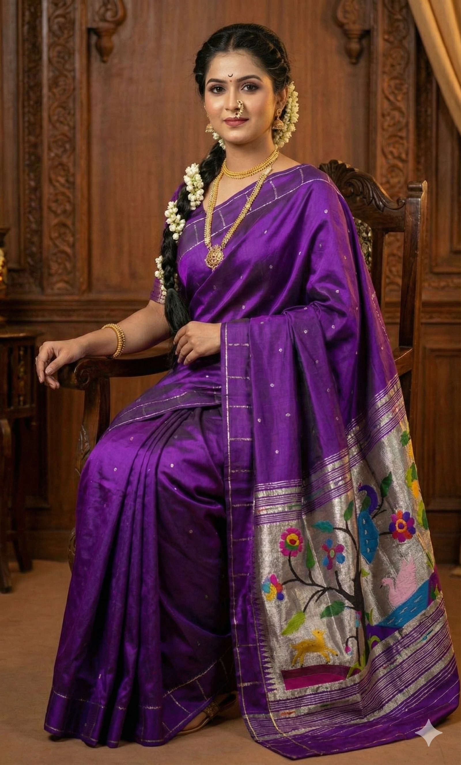 Deep Purple Handloom Pure Silk Paithani Saree with Rich Silver Zari Peacock & Tree of Life Pallu | Traditional Maharashtrian Wedding & Festive Wear