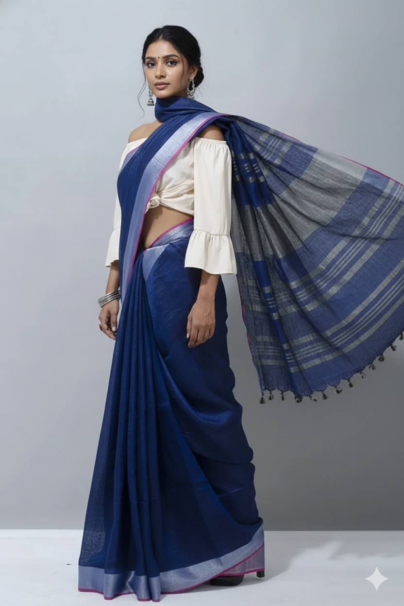 Pure Linen Saree in Imperial Blue with Silver Zari Border | Breathable Office Wear Saree