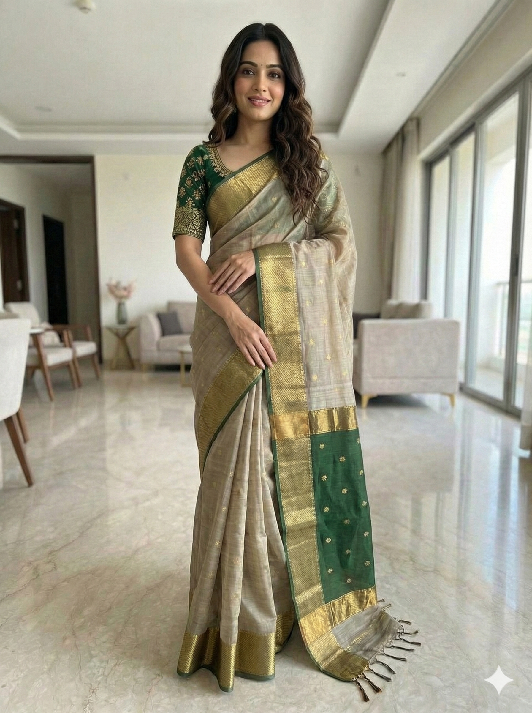 Handloom Elegant Beige and Dark Green Maheshwari Cotton Silk Saree with Gold Zari