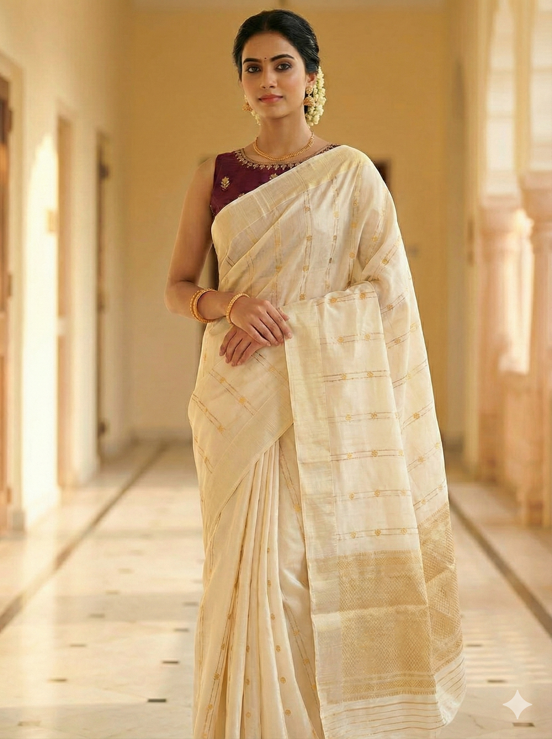 Premium unique White Pattu Silk Chanderi Saree with Golden Zari Pallu | SUTA‑SAGA