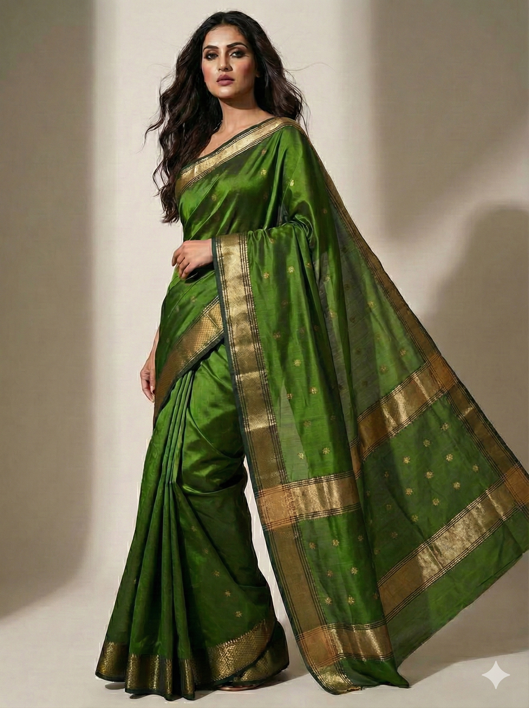 Handloom Elegant Dark Green Maheshwari Cotton Silk Saree with Gold Zari