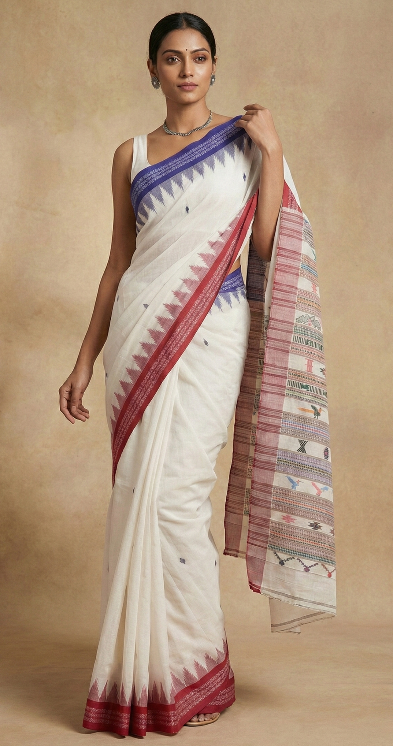Ganjam Bomkai Cotton Saree - White Double Border & Polka Dots | Odisha Handloom Saree