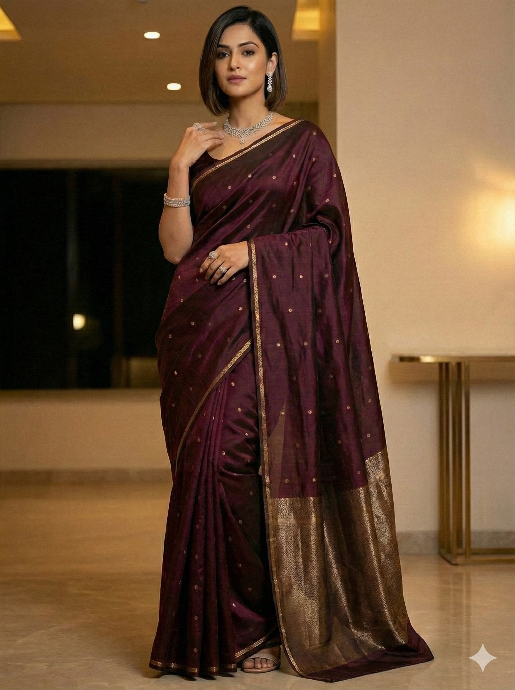 Premium unique Deep Wine Chanderi Pattu Silk Saree with Gold Zari Butta & Rich Tissue Border | SUTA‑SAGA