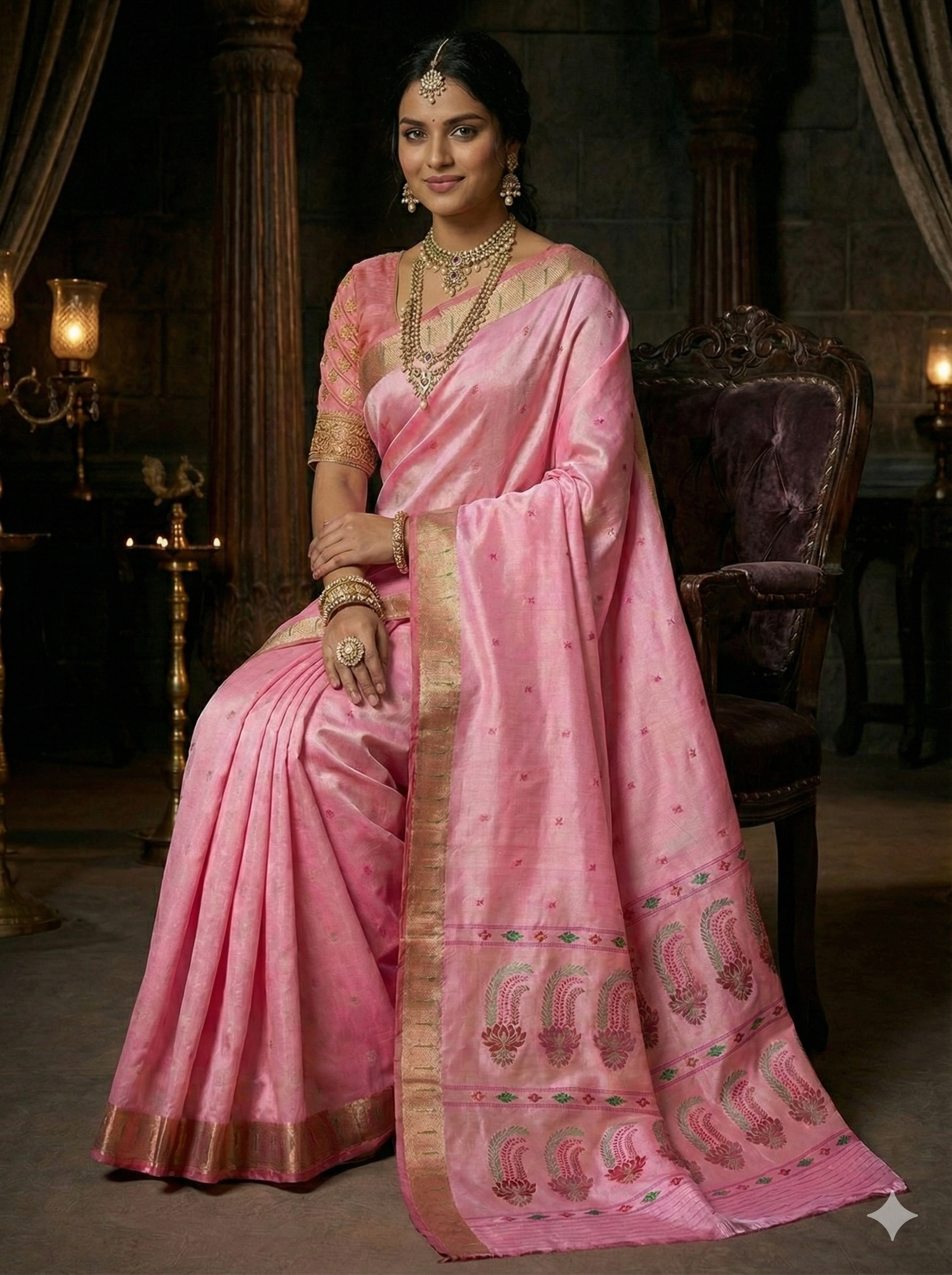 Premium Brocade Tissue Silk Paithani Saree with copper gold Zari Border & Multicolor Floral Pallu – Traditional Maharashtrian Handloom