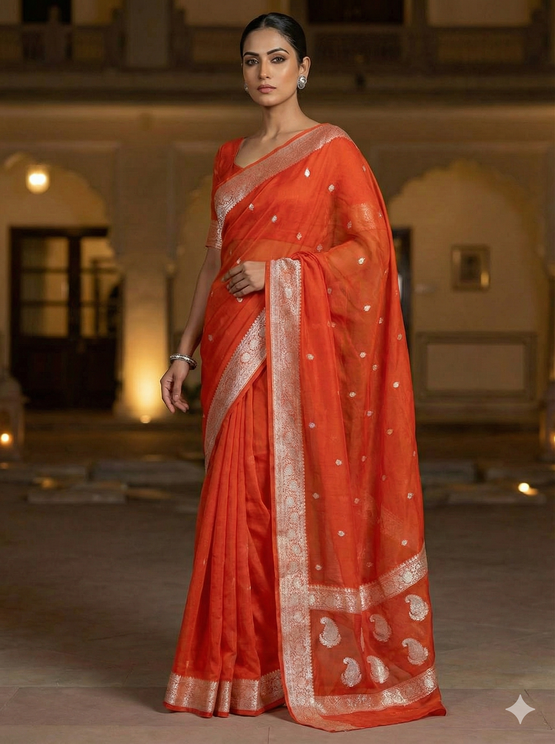 khaddi Chiffon vibrant reddish-orange Saree – Handcrafted Elegance