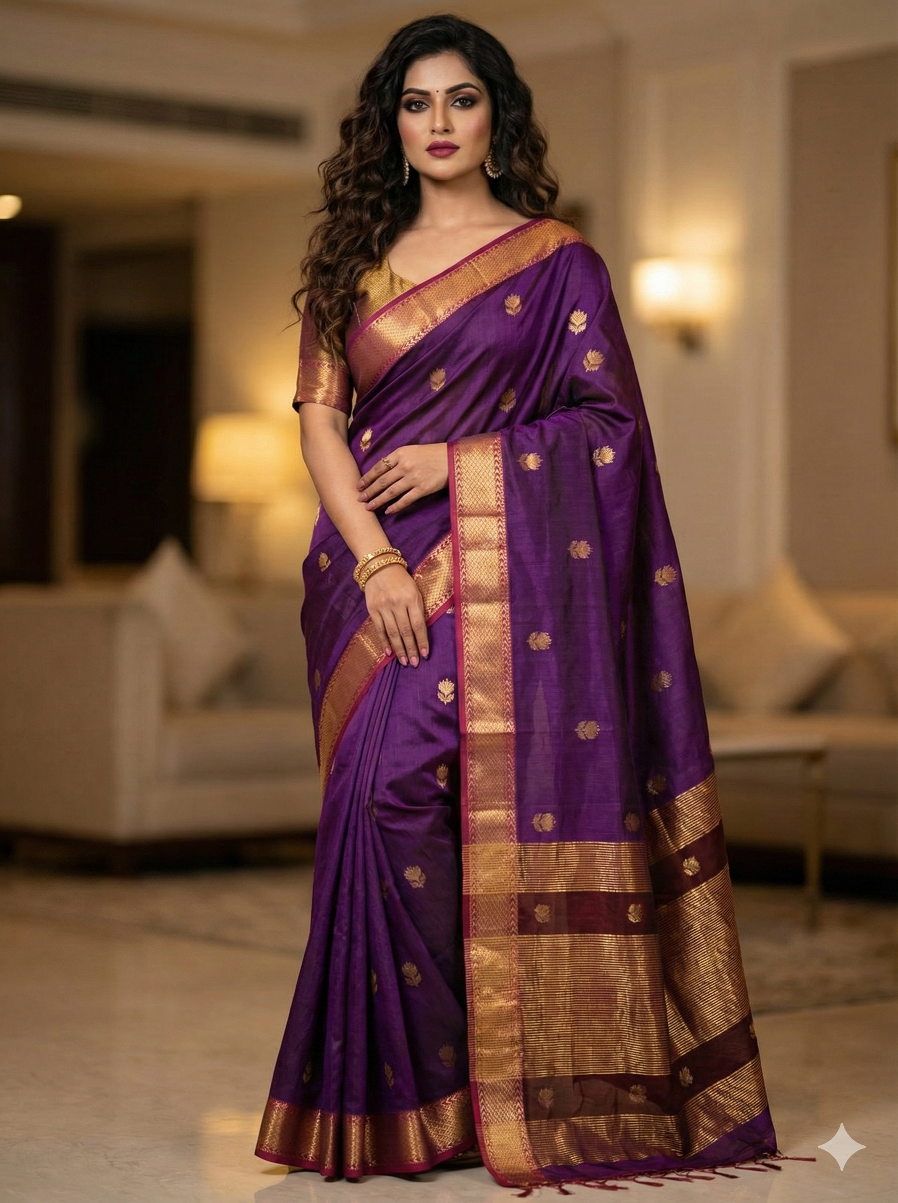 Handloom Regal Deep Purple Maheshwari Silk Cotton Saree with Rich Golden Zari Work