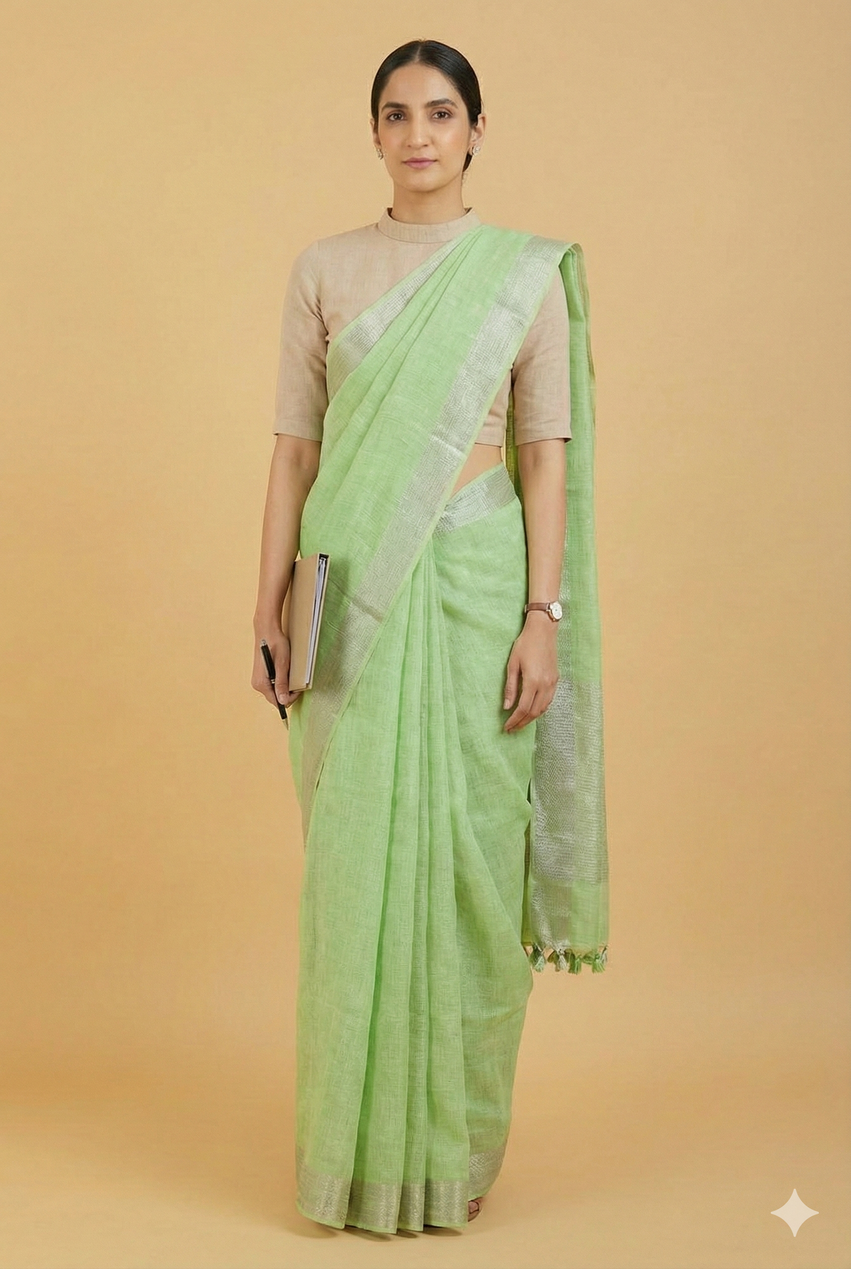 Pure Linen Saree in Mint / Lime Green with a Silver Zari Border