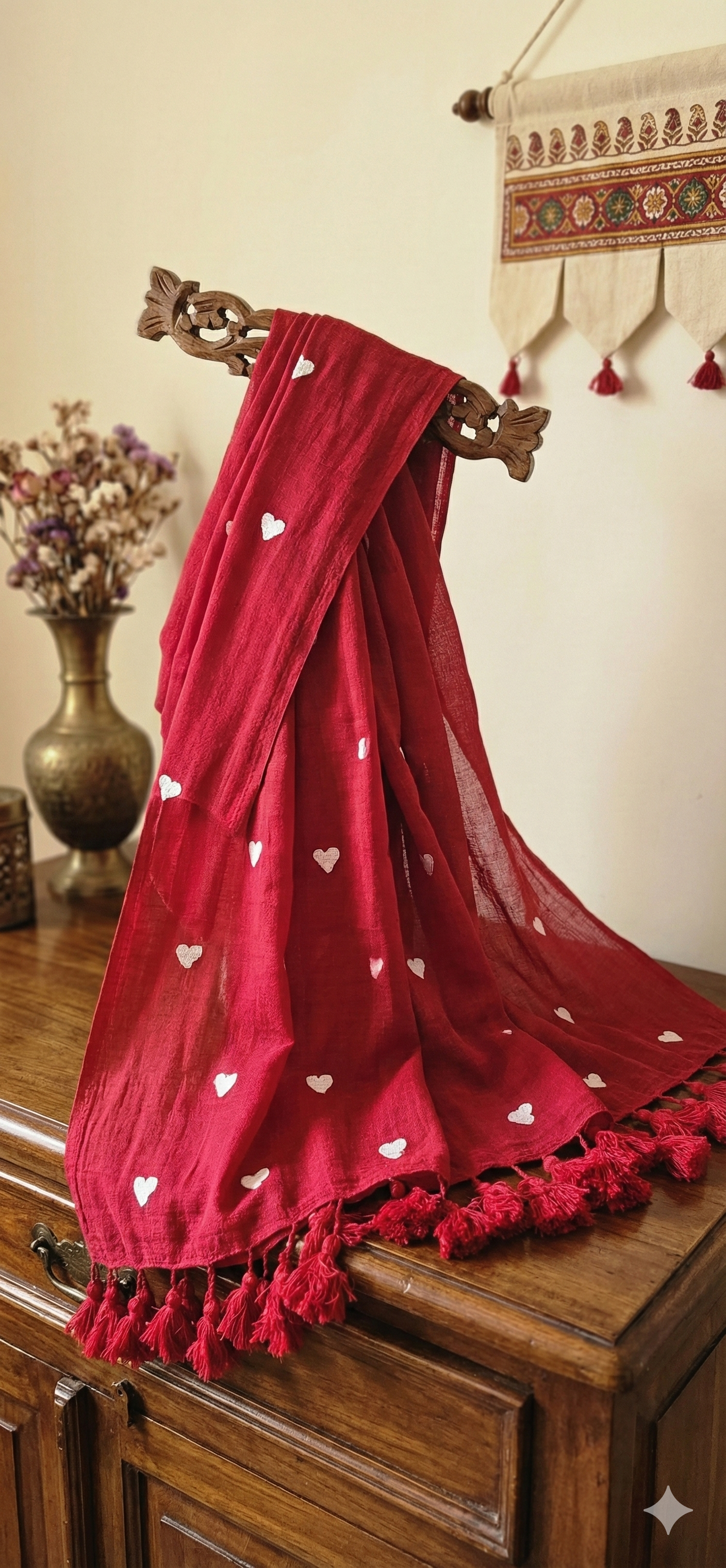 Red Embroidered Mul Coton Saree with Red Tassels | Corporate Babe Wear
