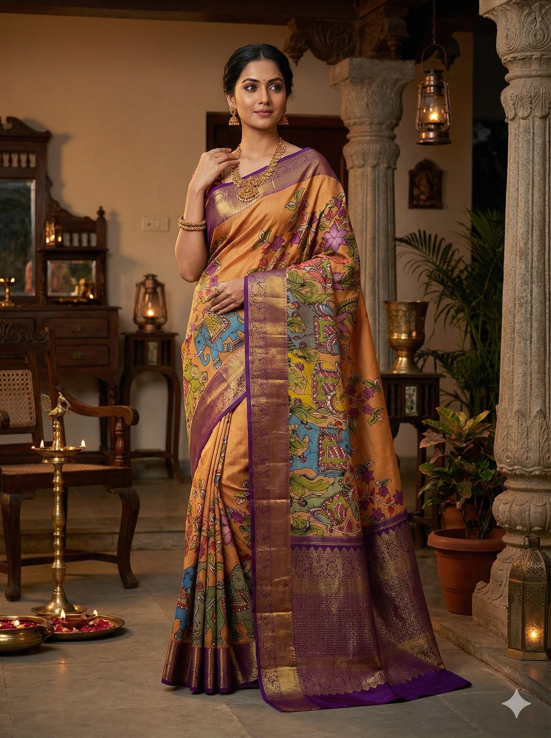 Musturd Yellow Pen Kalamkari Kanjeevaram Silk Saree - Elephant Motif Kalamkari Kanjeevaram Silk Saree