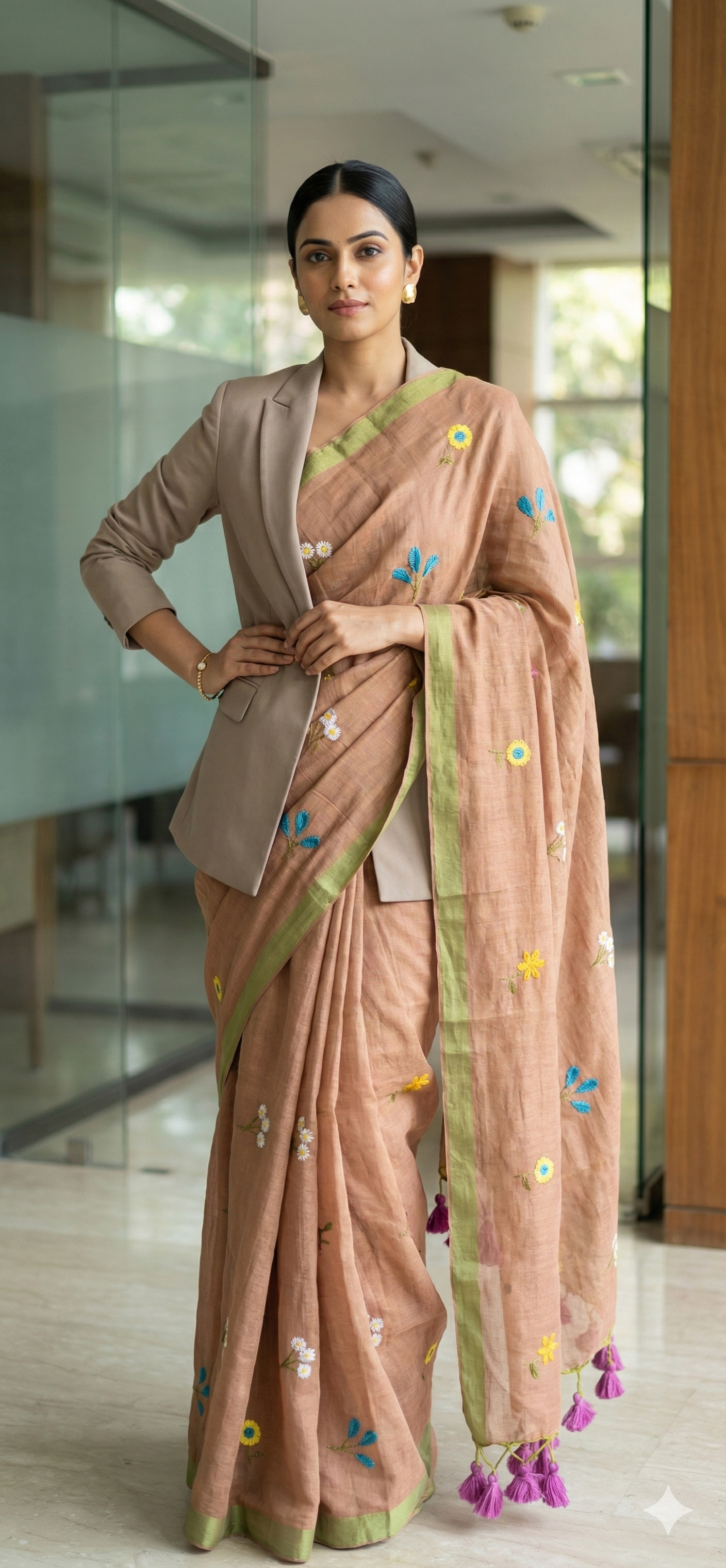 Soft Brown‑Peach Saree with Multicolor Floral Embroidery and Stylish Tassel Pallu | Elegant Daily & Corporate Babe Wear