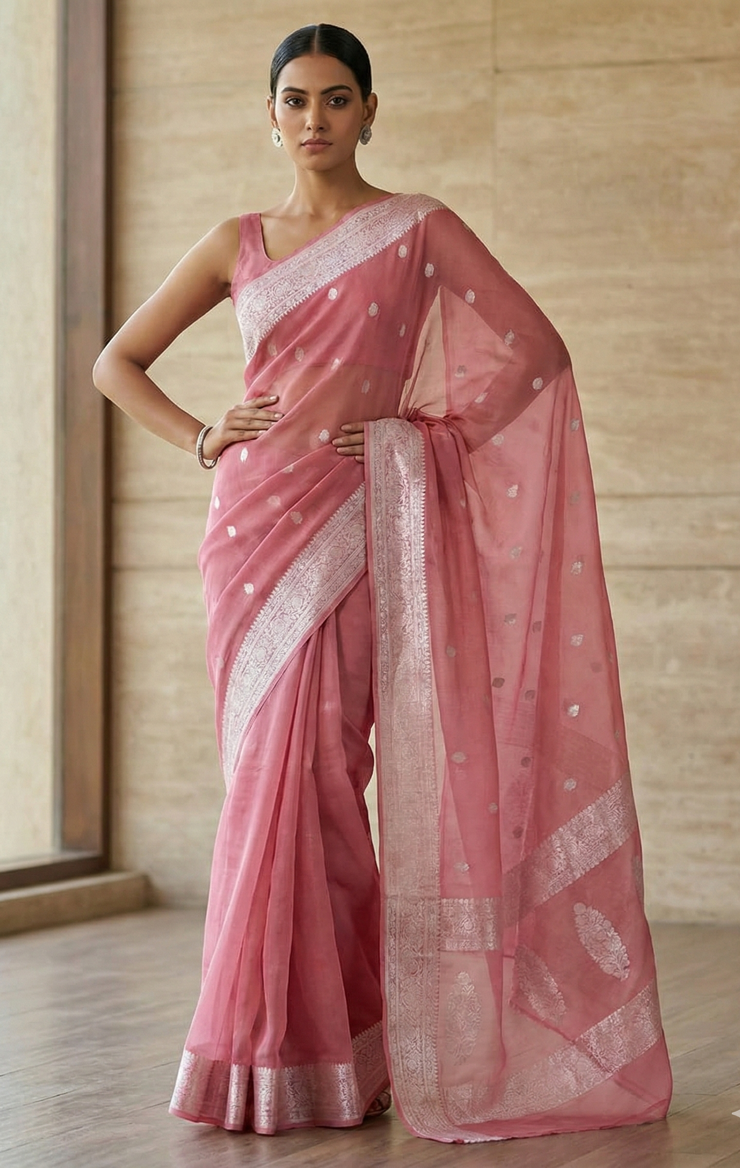 khaddi Chiffon Dusty Pink Saree – Handcrafted Elegance