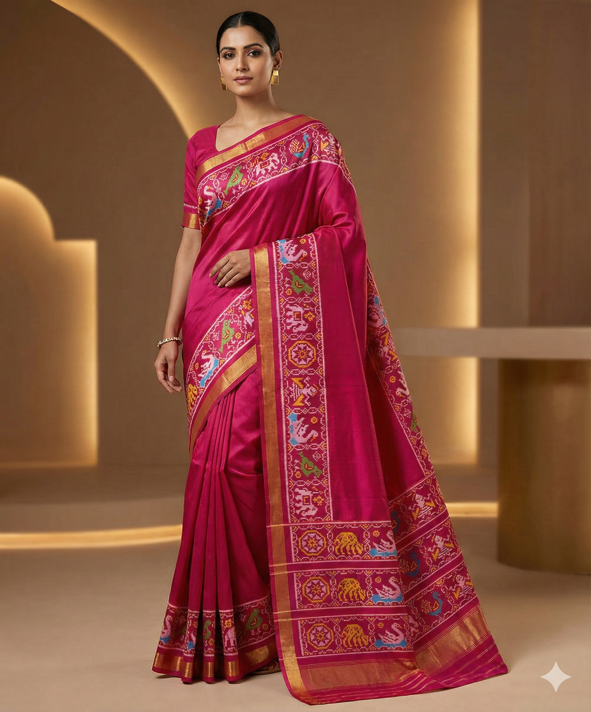 Hot Pink Semi Double Ikat Pure Silk Saree with Multicolor Animal Motifs and Rich Zari Border – Perfect for Weddings & Festive Wear