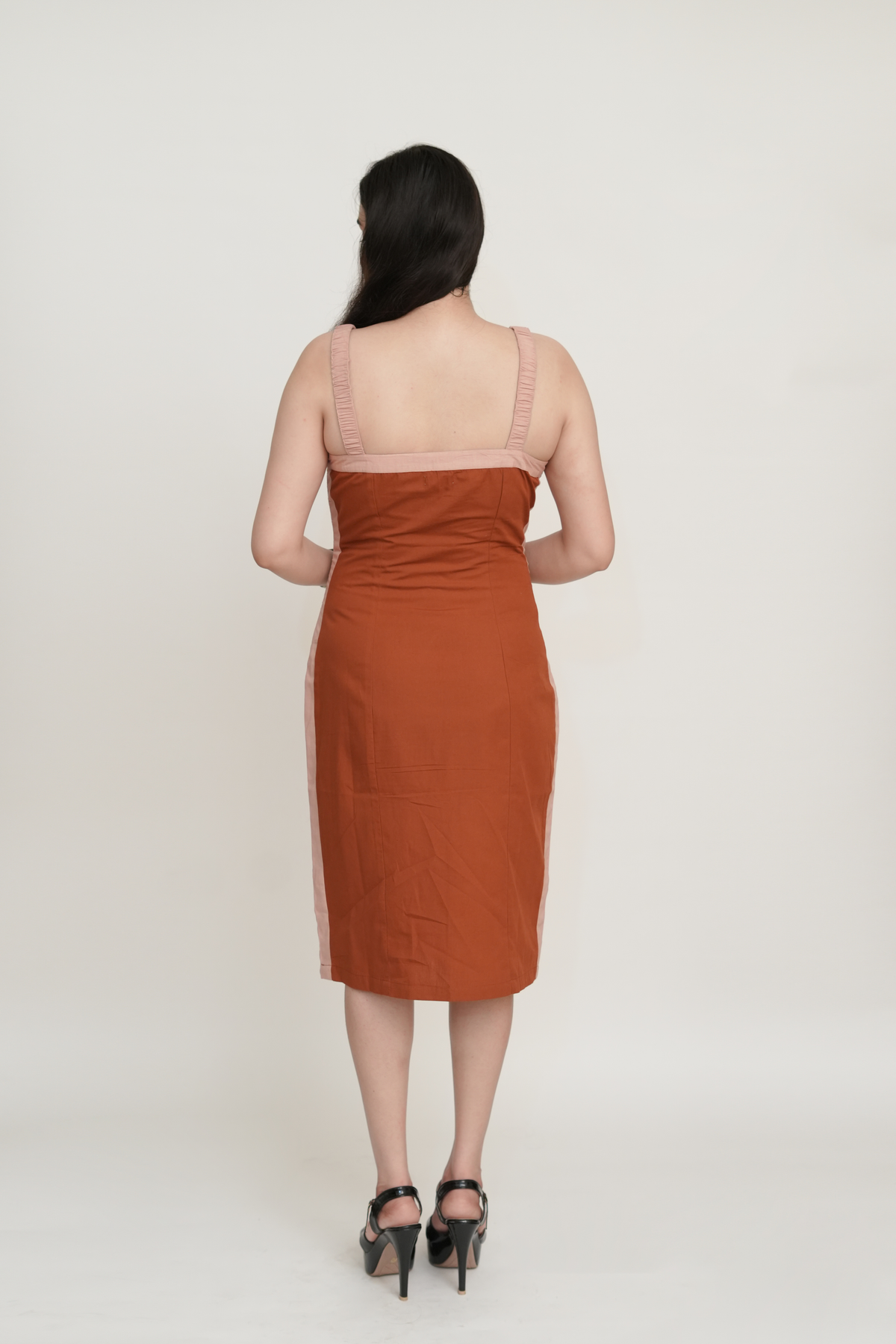 Rust & Blush Poplin Cotton Midi Dress | Colourblock Bodycon with Straps