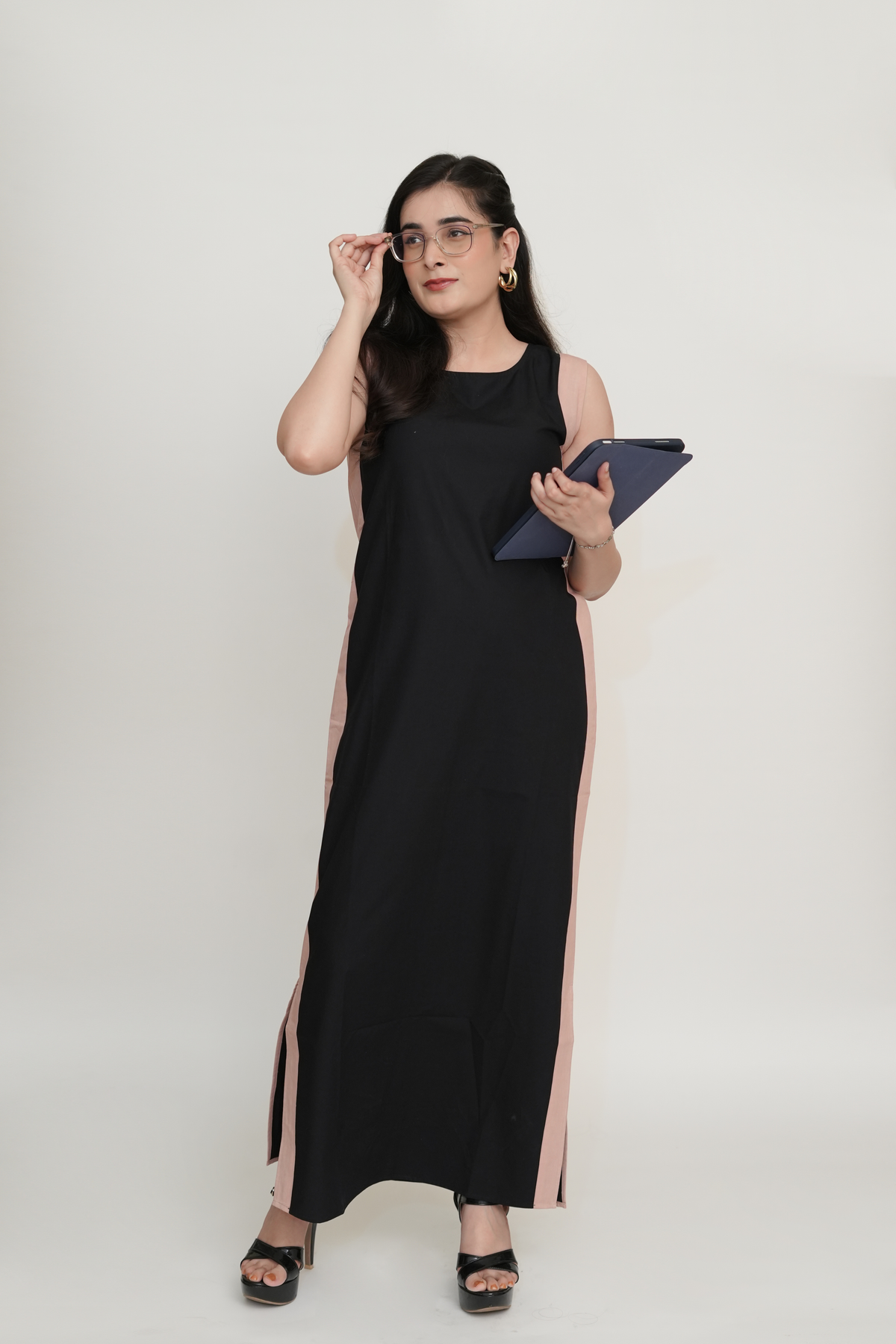 Black and Blush Pink Solid Colorblock Maxi Popline Cotton Dress
