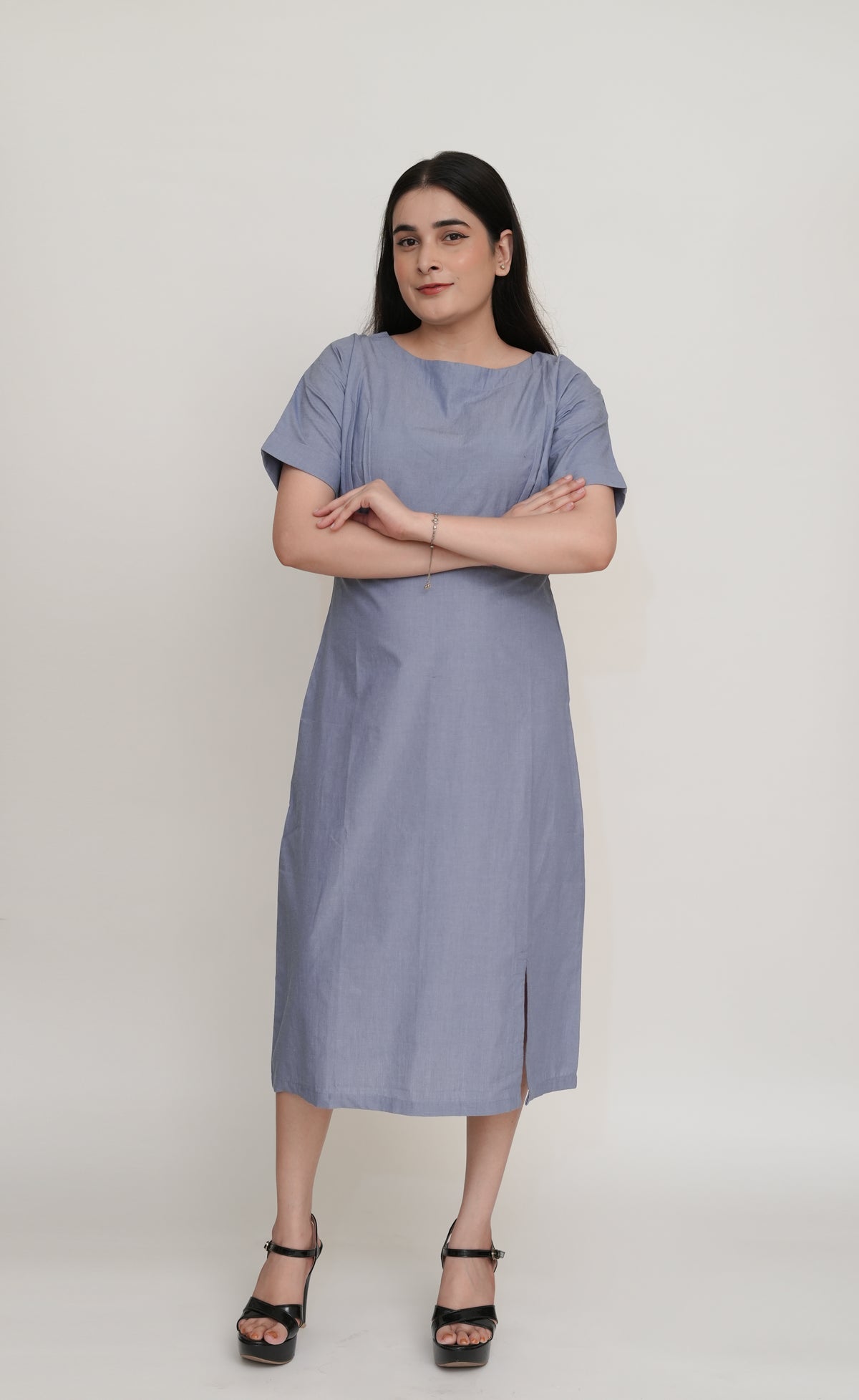 Blue Chambray Midi Dress | Boat Neck with Waistband & Front Slit