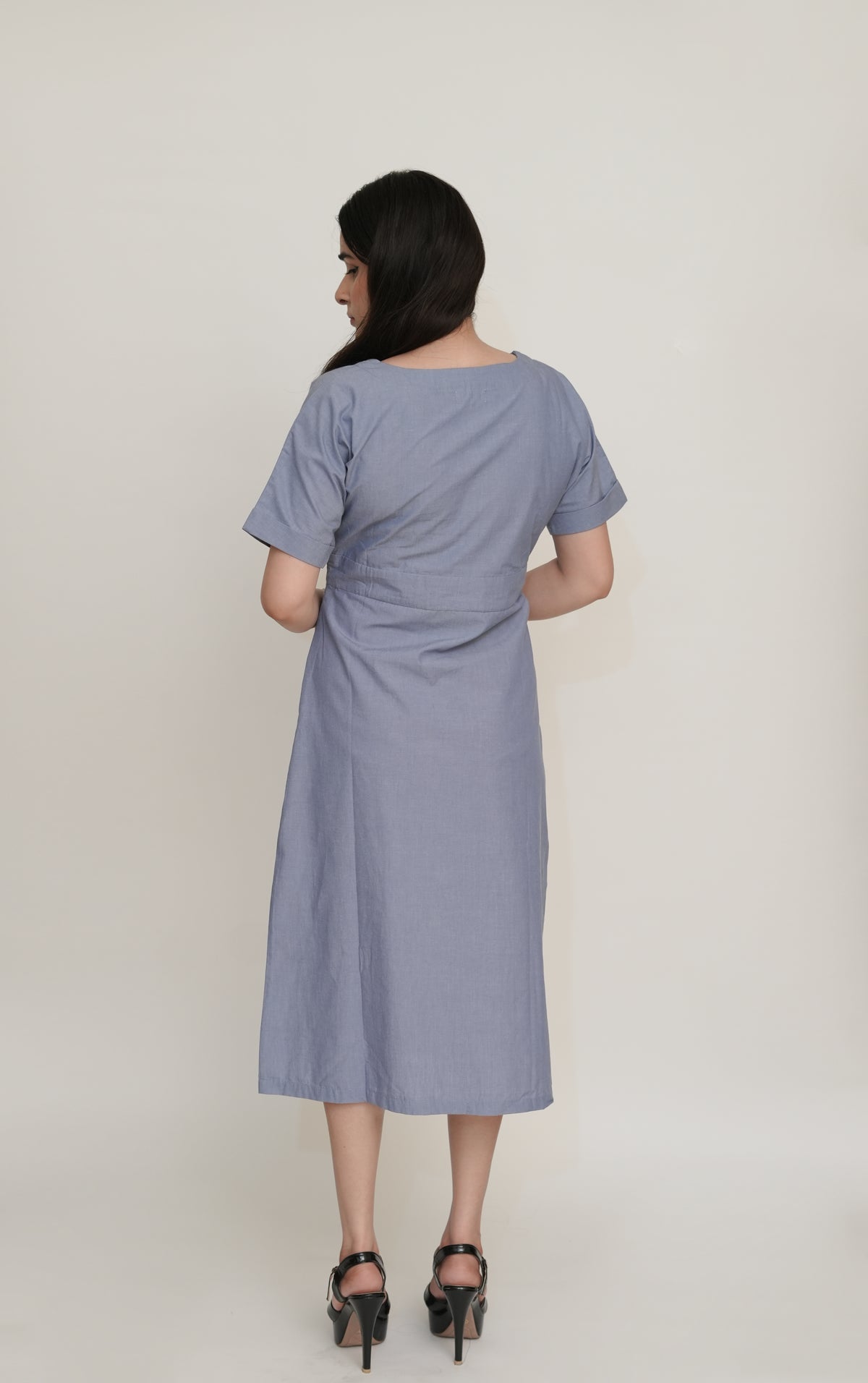 Blue Chambray Midi Dress | Boat Neck with Waistband & Front Slit