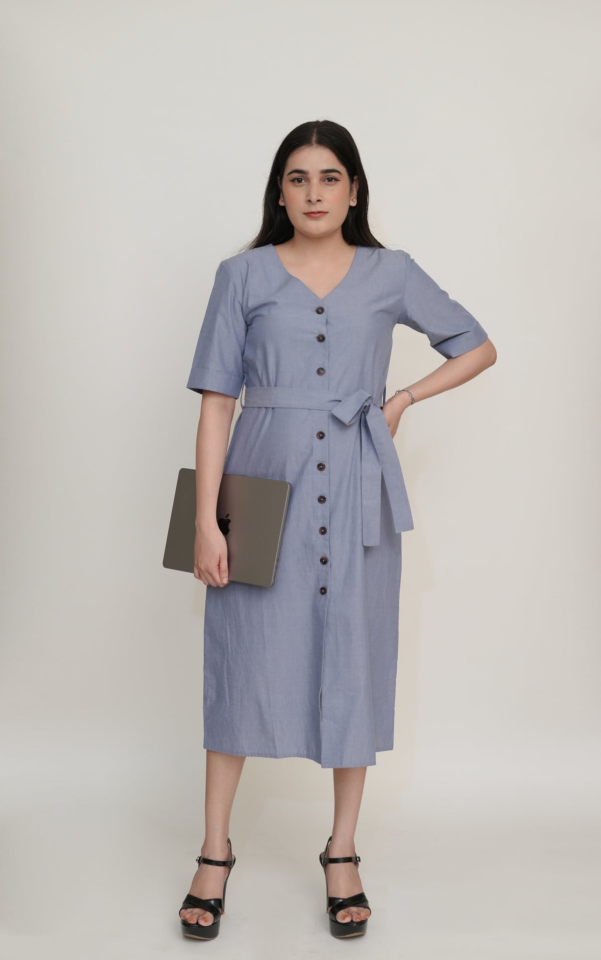 Blue Chambray Midi Dress | V-Neck Button-Down with Tie Belt