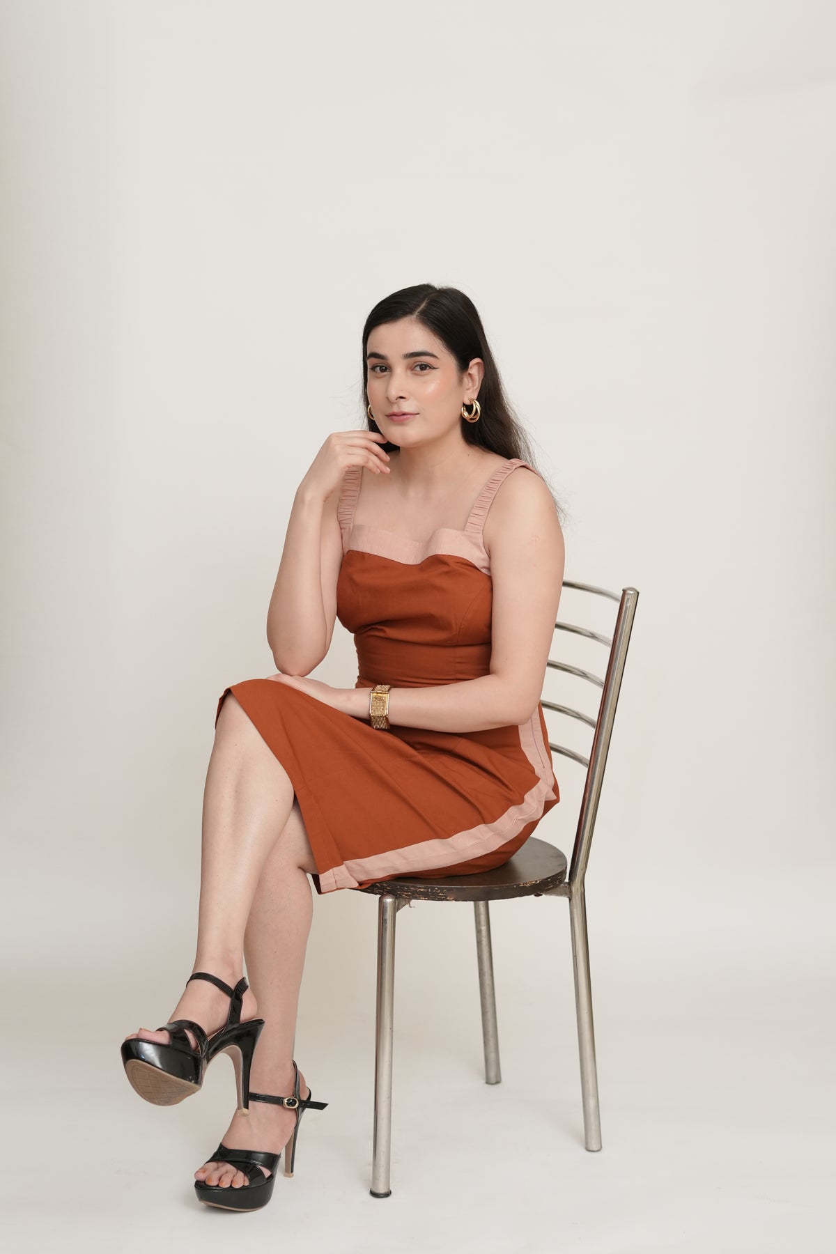 Rust & Blush Poplin Cotton Midi Dress | Colourblock Bodycon with Straps