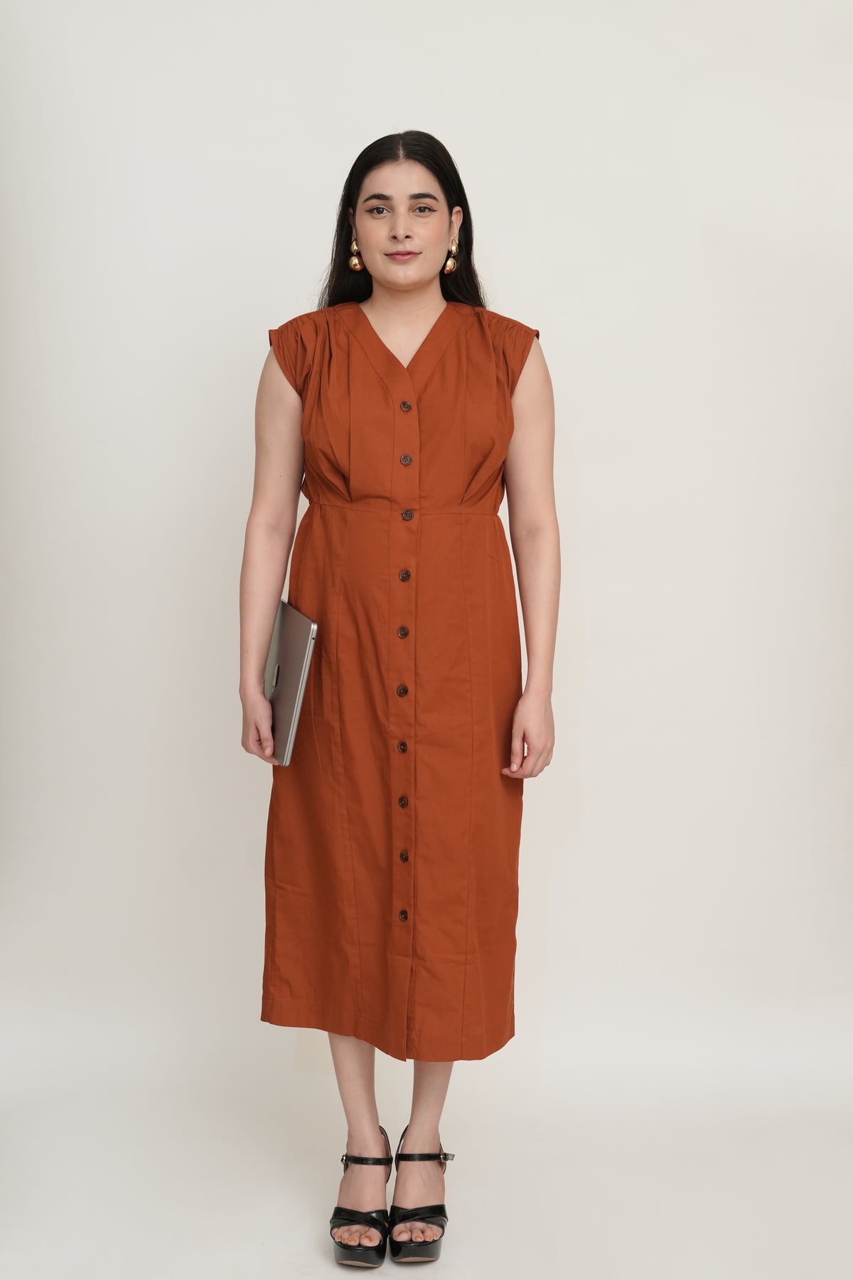 Rust crisp poplin cotton  Midi Dress
