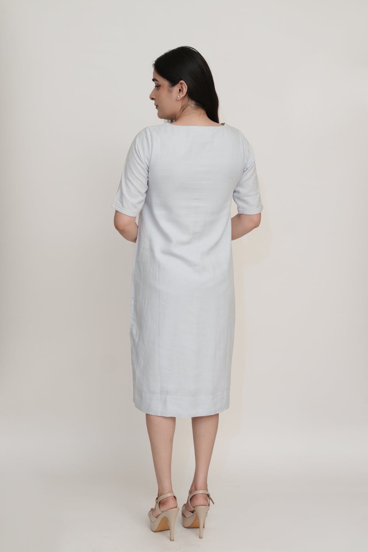 Powder Blue Modal Linen Midi Dress | Round Neck with Contrast Piping