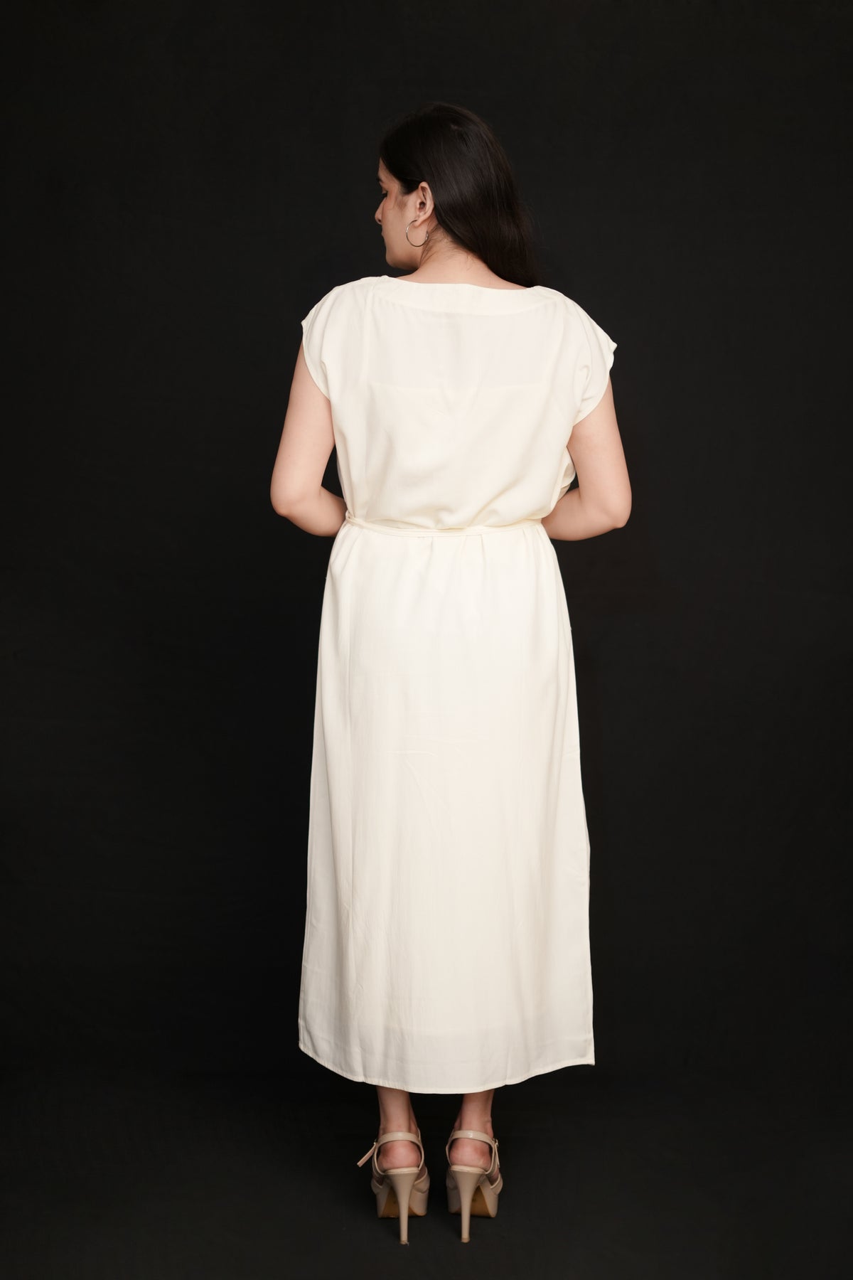 Off White Rayon Maxi Dress | Round Neck with Drawstring Tie Waist