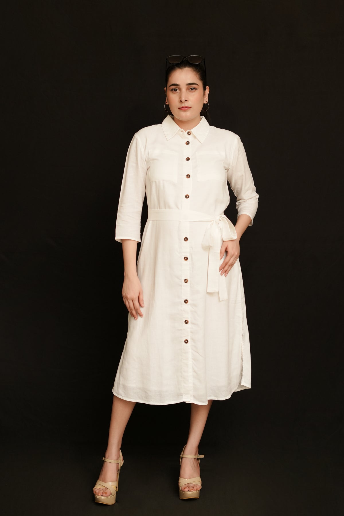 White Modal Linen Shirt Dress | Midi with Tie Belt & Patch Pockets