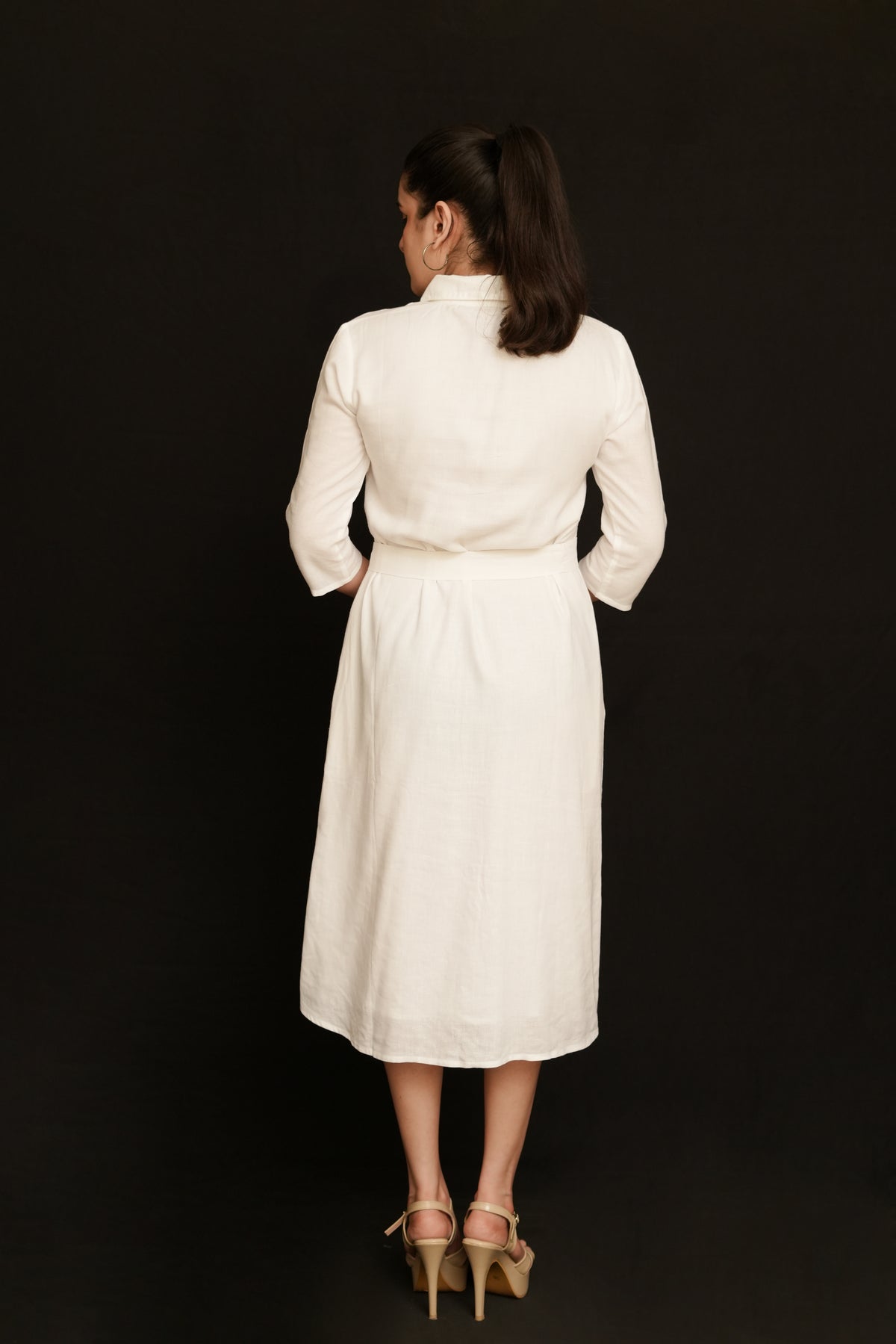 White Modal Linen Shirt Dress | Midi with Tie Belt & Patch Pockets