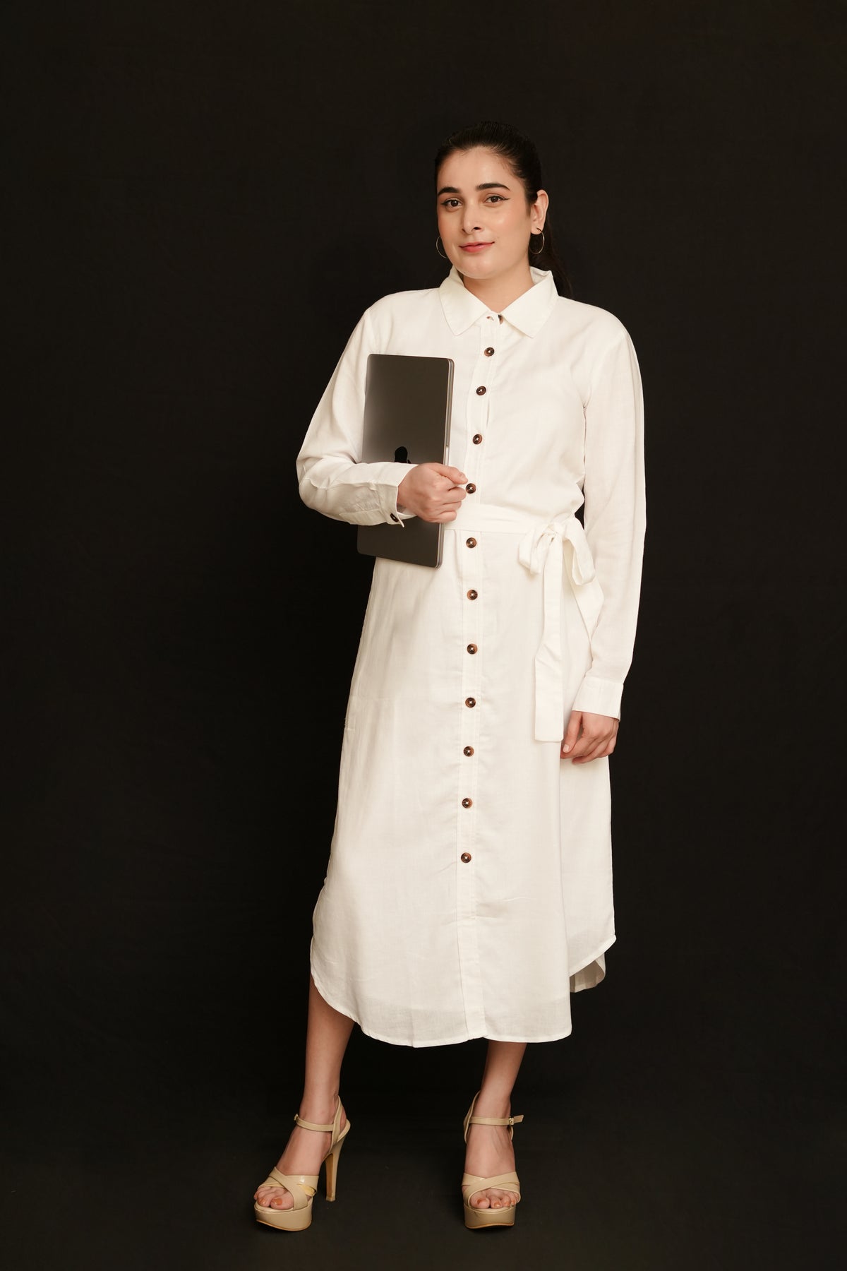 White Modal Linen Shirt Dress | Full Sleeve Maxi with Tie Belt