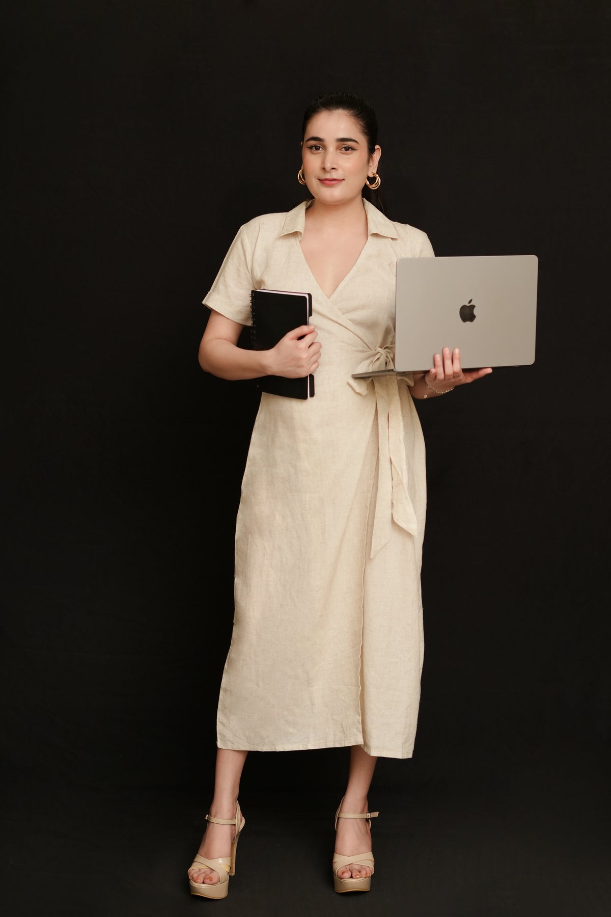 Beige Modal Linen Wrap Dress | Collared V-Neck Maxi with Side Tie