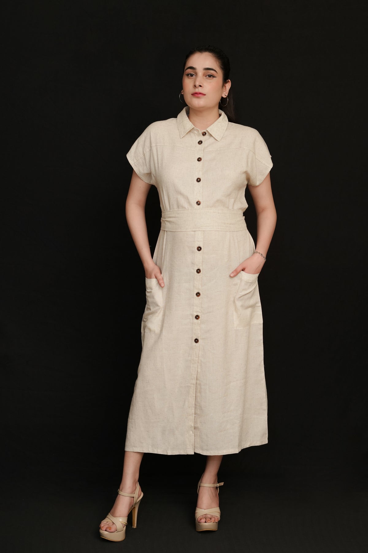 Beige Modal Linen Shirt Dress | Collared Maxi with Tie Belt & Pockets