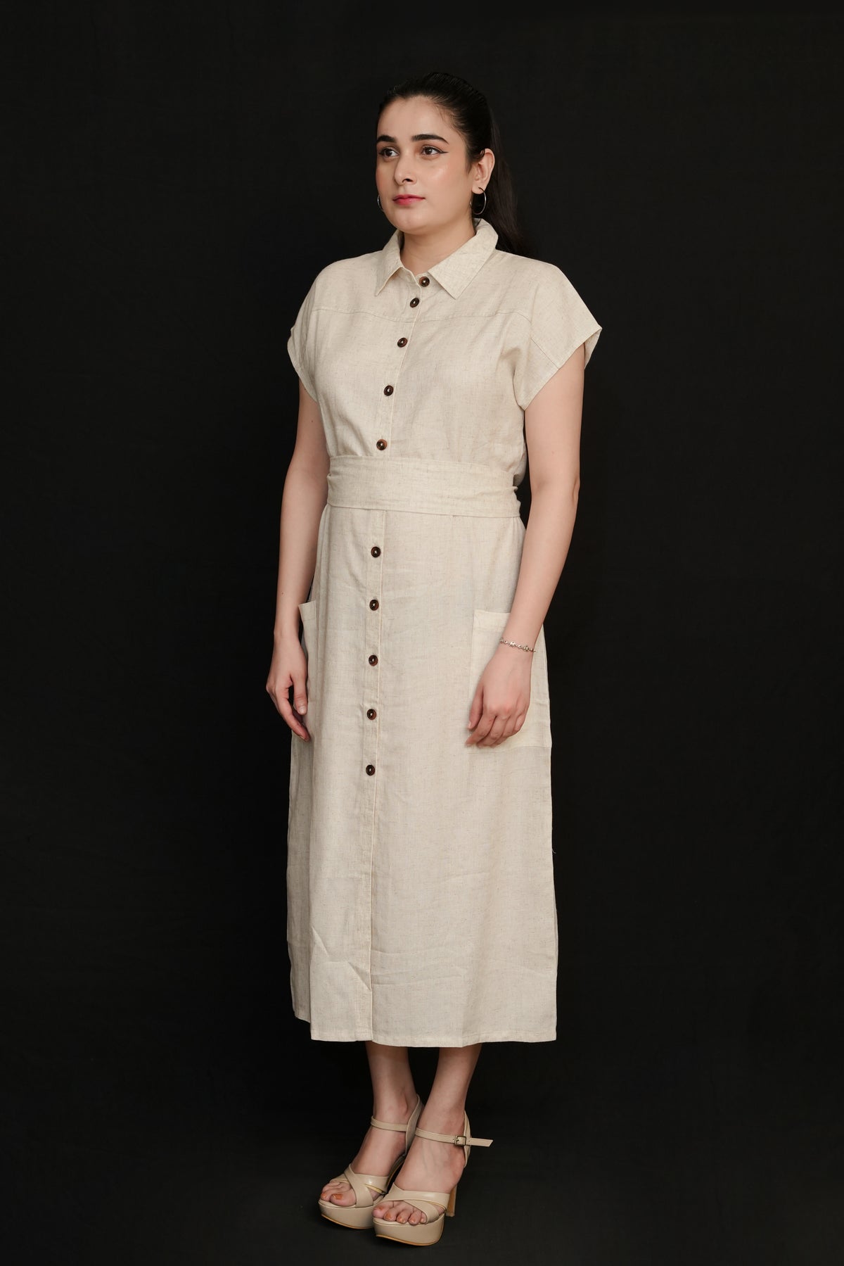 Beige Modal Linen Shirt Dress | Collared Maxi with Tie Belt & Pockets