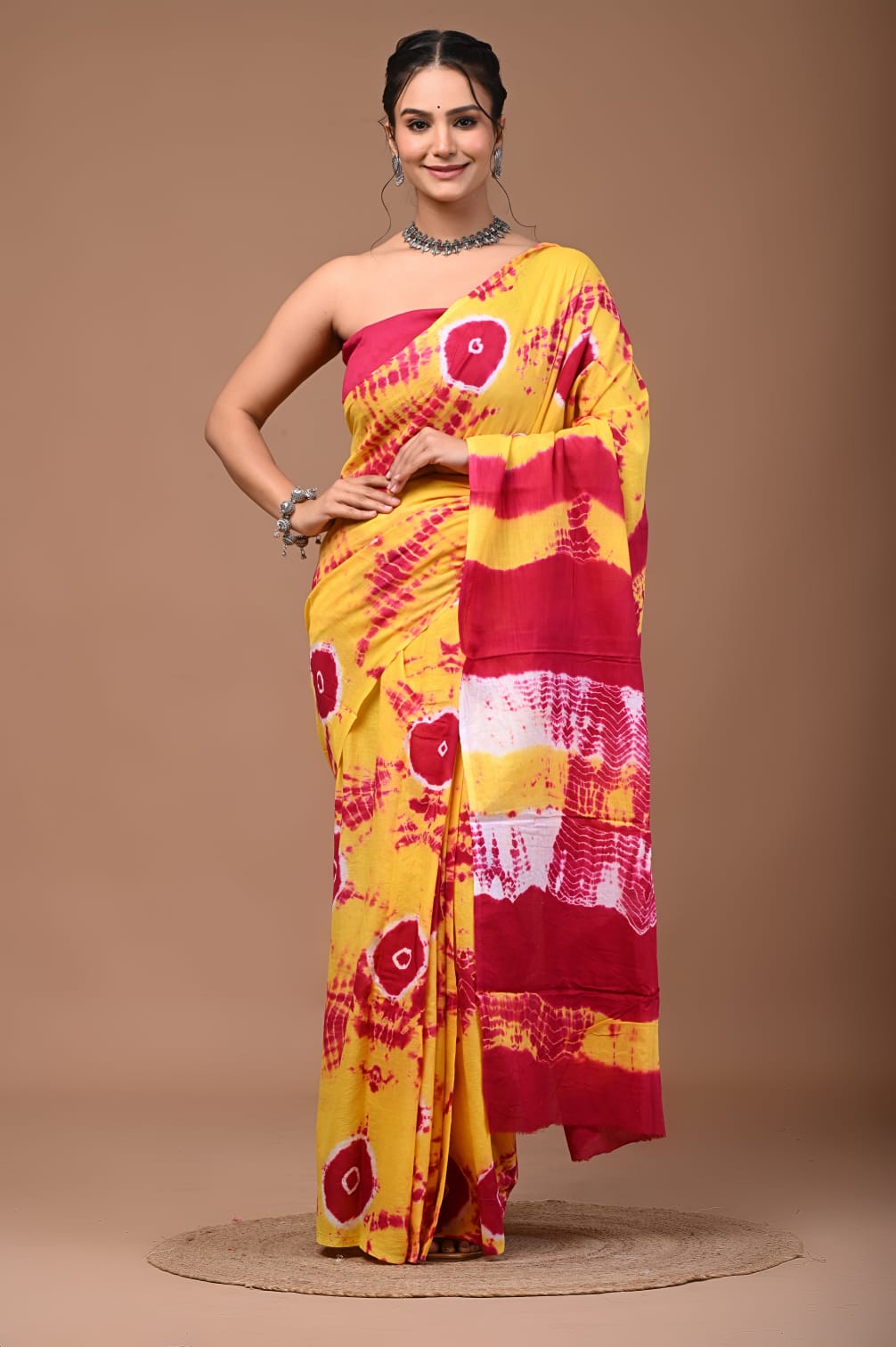 Natural Dyed handblocked printed Mulmul Cotton Saree - Yellow & Pink Tie-Dye
