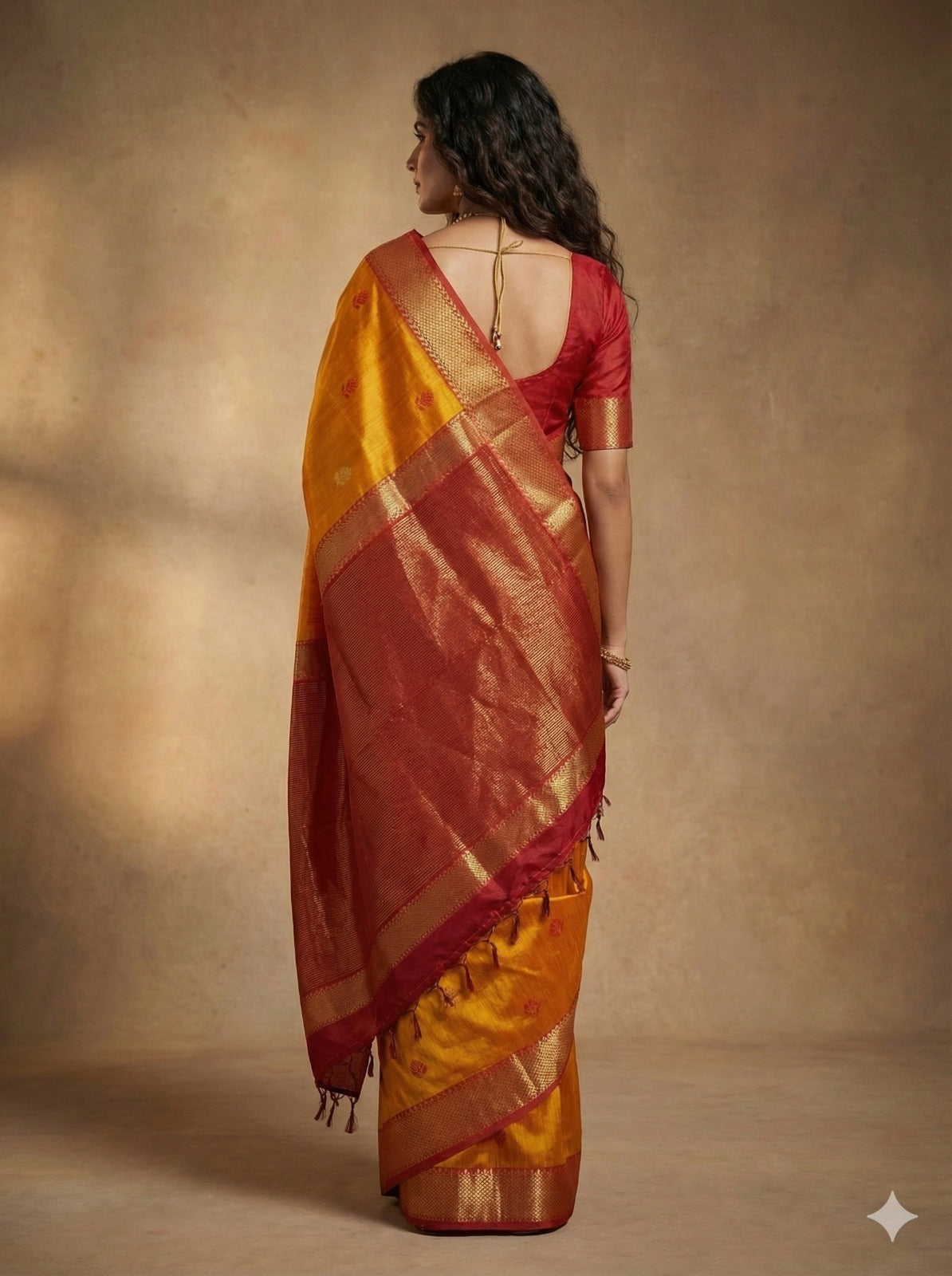 Handloom Mustard & Maroon Maheshwari Silk Cotton Saree with Floral Boota & Zari Border – Traditional Dobby Weave