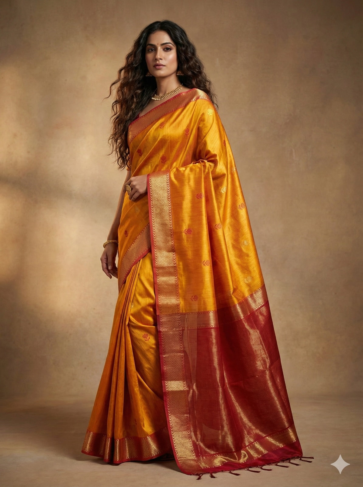 Handloom Mustard & Maroon Maheshwari Silk Cotton Saree with Floral Boota & Zari Border – Traditional Dobby Weave