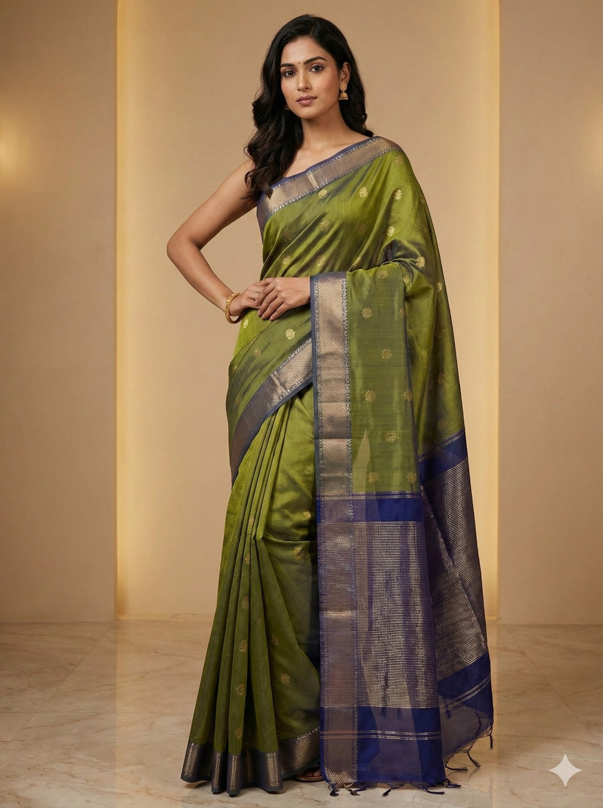 Handloom Olive Green & Royal Blue Maheshwari Silk Cotton Saree with Floral Boota & Zari Border – Traditional Dobby Weave