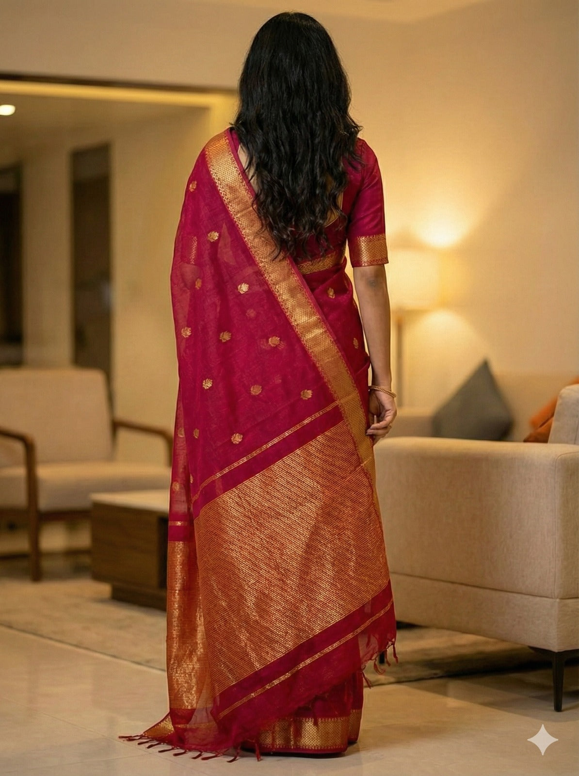 Handloom Rani Pink Maheshwari Silk Cotton Saree with Lotus Boota & Zari Border – Traditional Dobby Weave