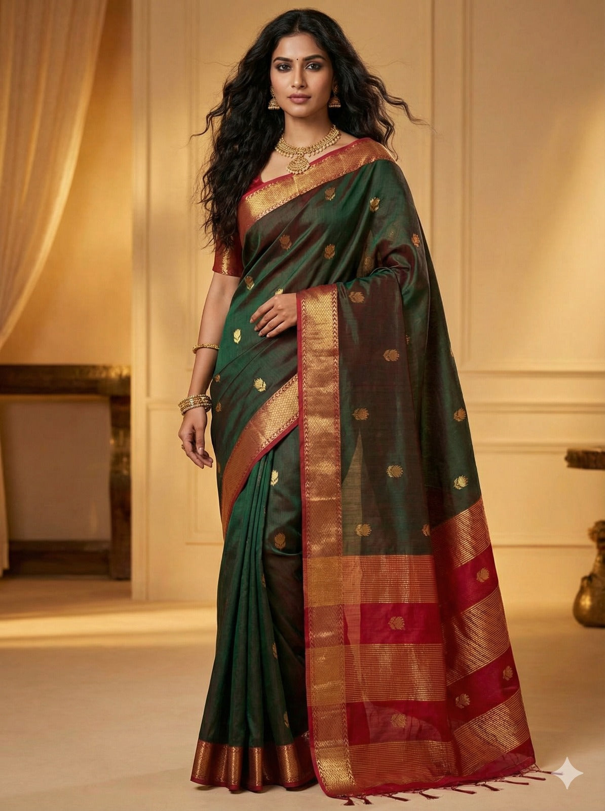 Handloom Bottle Green & Rani Pink Maheshwari Silk Cotton Saree with Lotus Boota & Zari Border – Traditional Dobby Weave