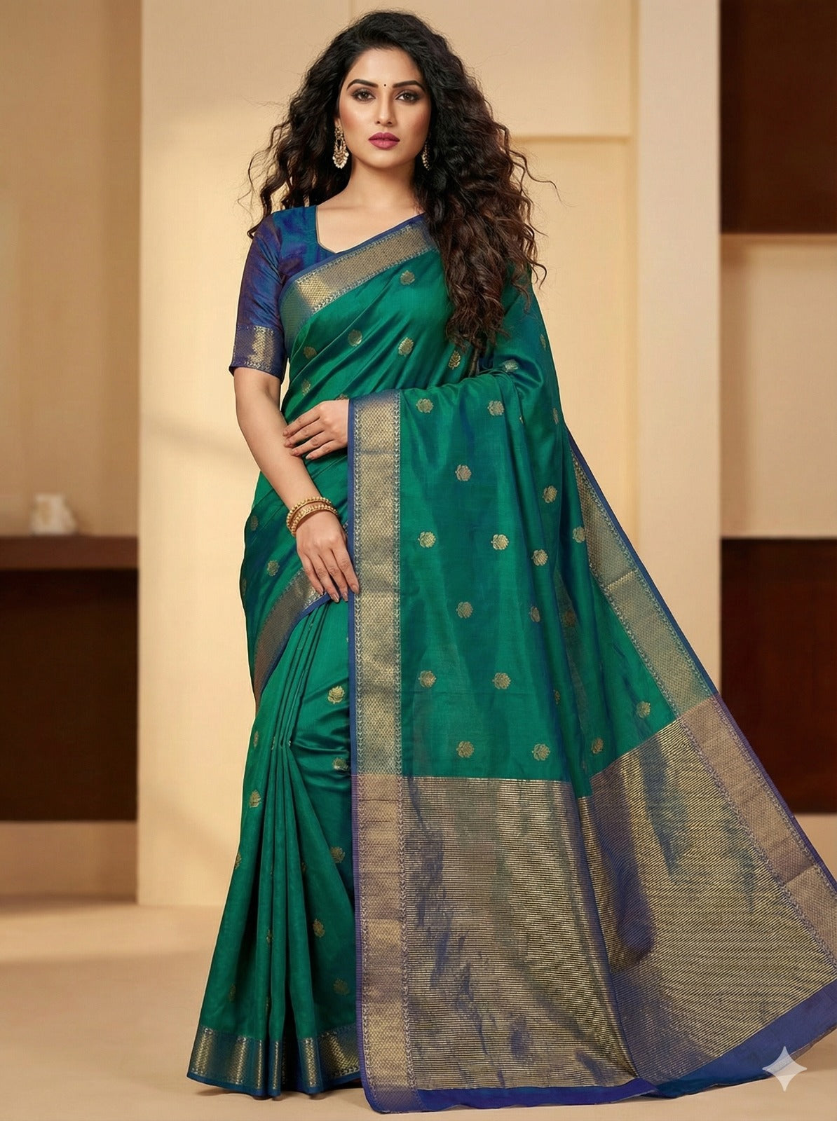 Handloom Teal Green Maheshwari Silk Cotton Saree with Lotus Boota & Zari Border – Traditional Dobby Weave