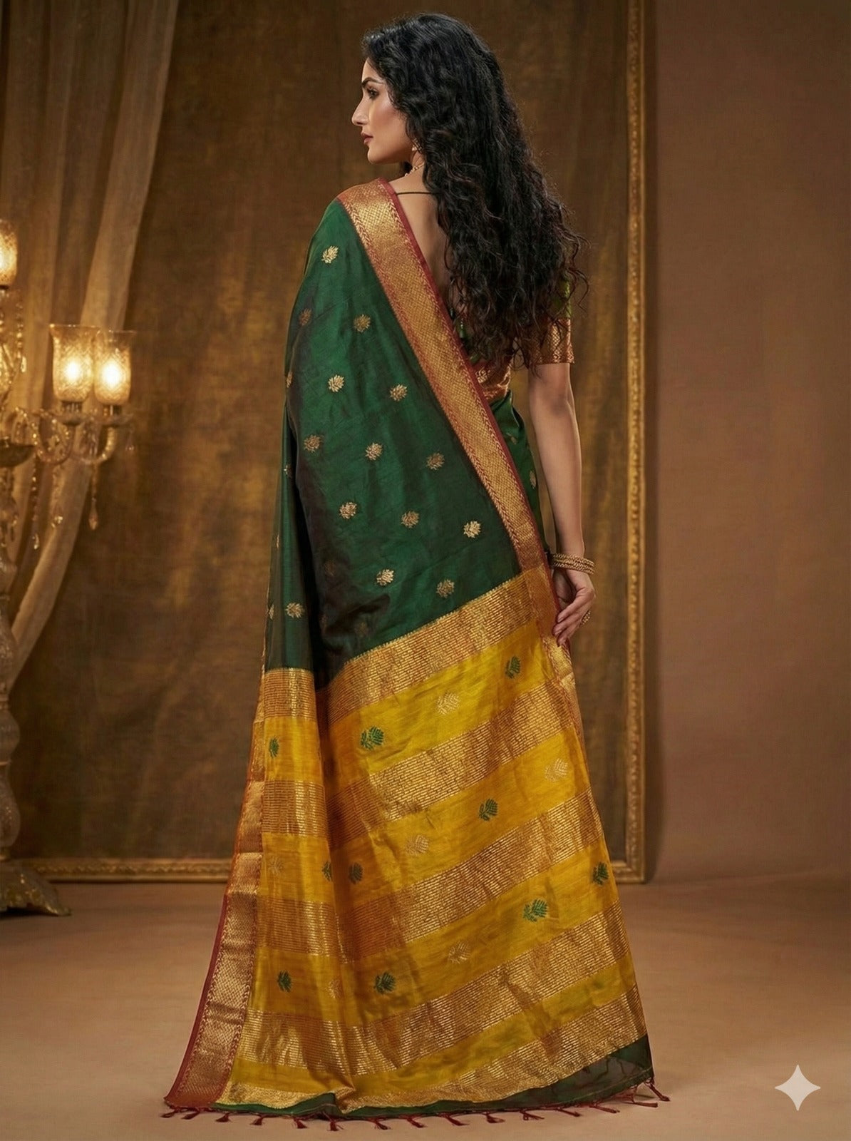 Handloom Mustard Yellow & Bottle Green Maheshwari Silk Cotton Saree with Lotus Boota & Zari Border – Traditional Dobby Weave