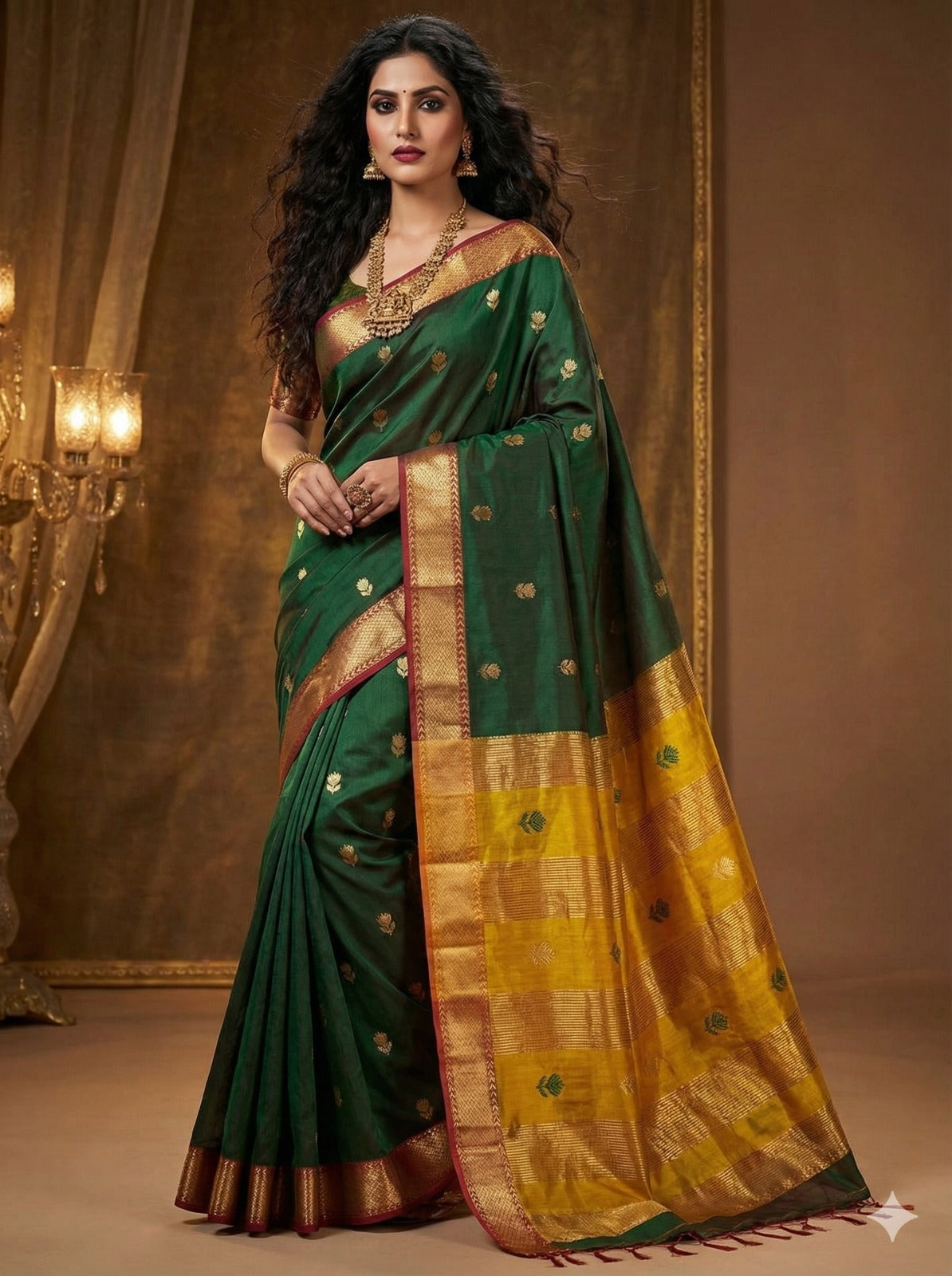 Handloom Mustard Yellow & Bottle Green Maheshwari Silk Cotton Saree with Lotus Boota & Zari Border – Traditional Dobby Weave