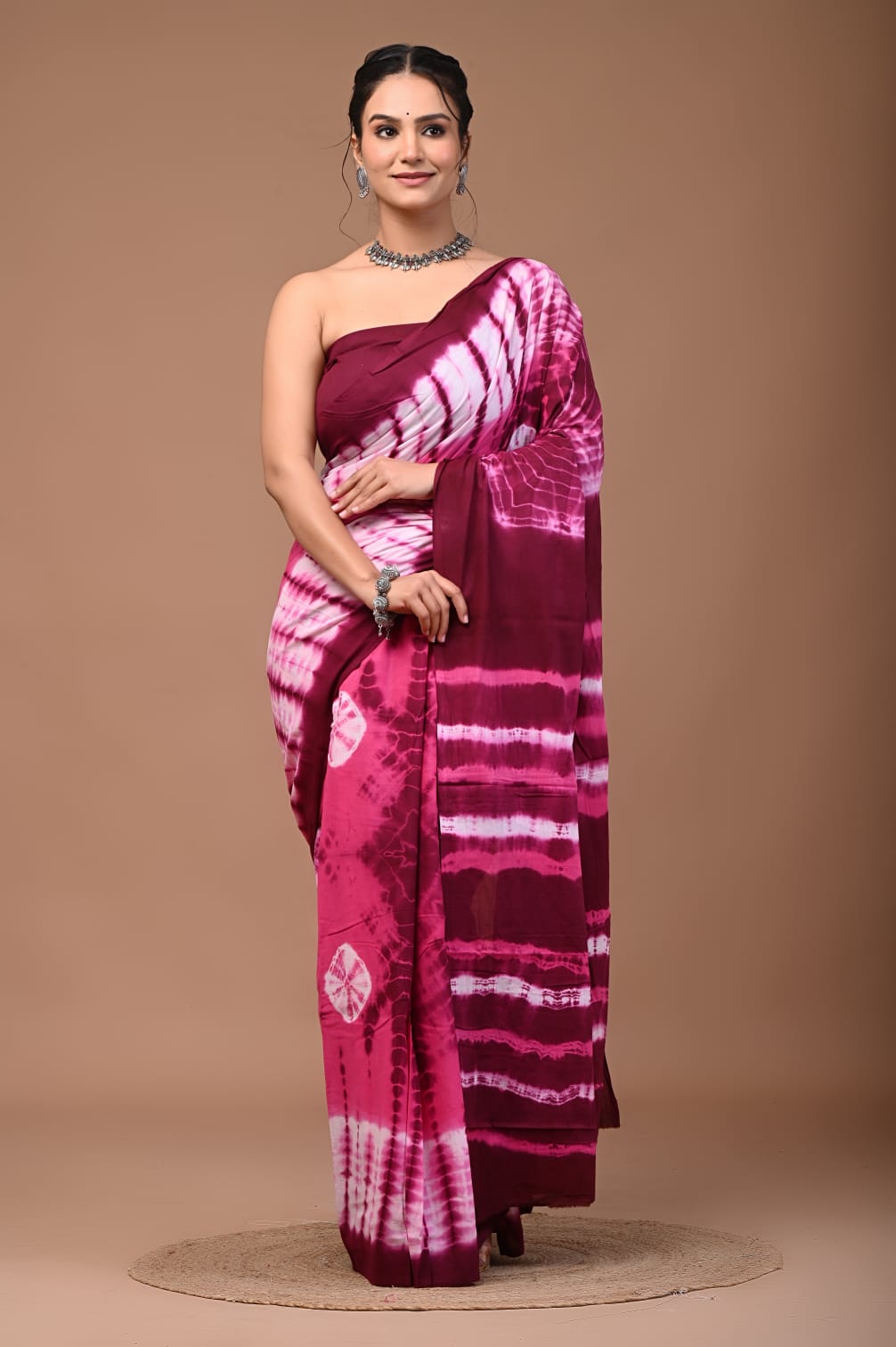 Wine Red & Pink Tie-Dye Mul Cotton Saree | Boho-Chic Ombre