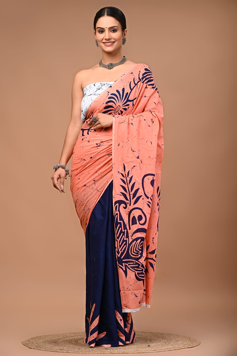 Coral/Peach Pink & Midnight Navy Blue Batik Mul Cotton Saree