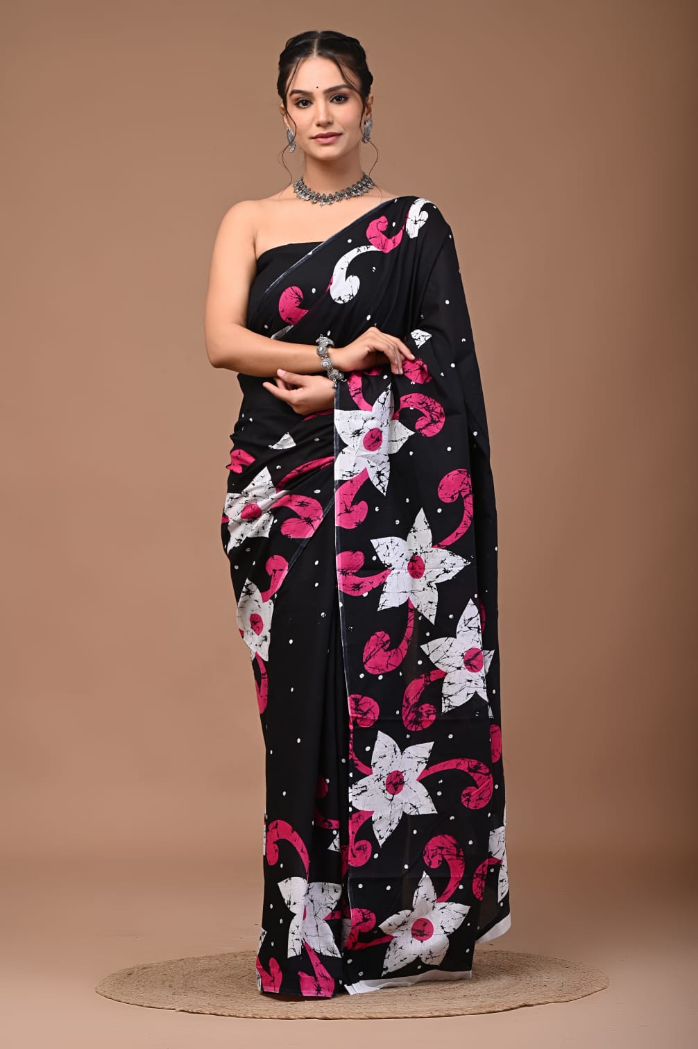 Black Mul Cotton Saree-The 'Noir Hibiscus' Edition