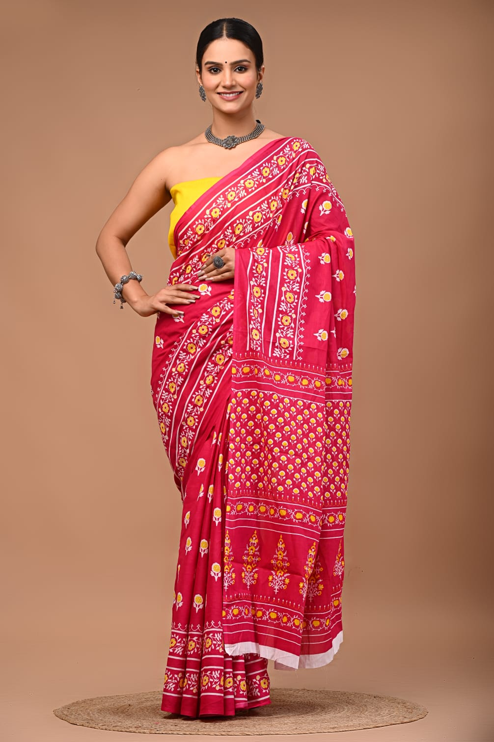Pink Paradise – Floral Block Print Mul Cotton Saree