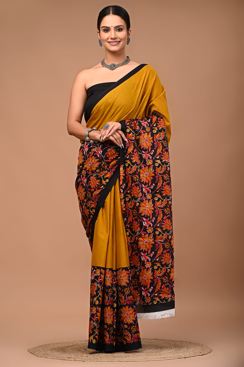 Yellow Mul Cotton Saree - The 'Golden Kalamkari' Half-and-Half Saree