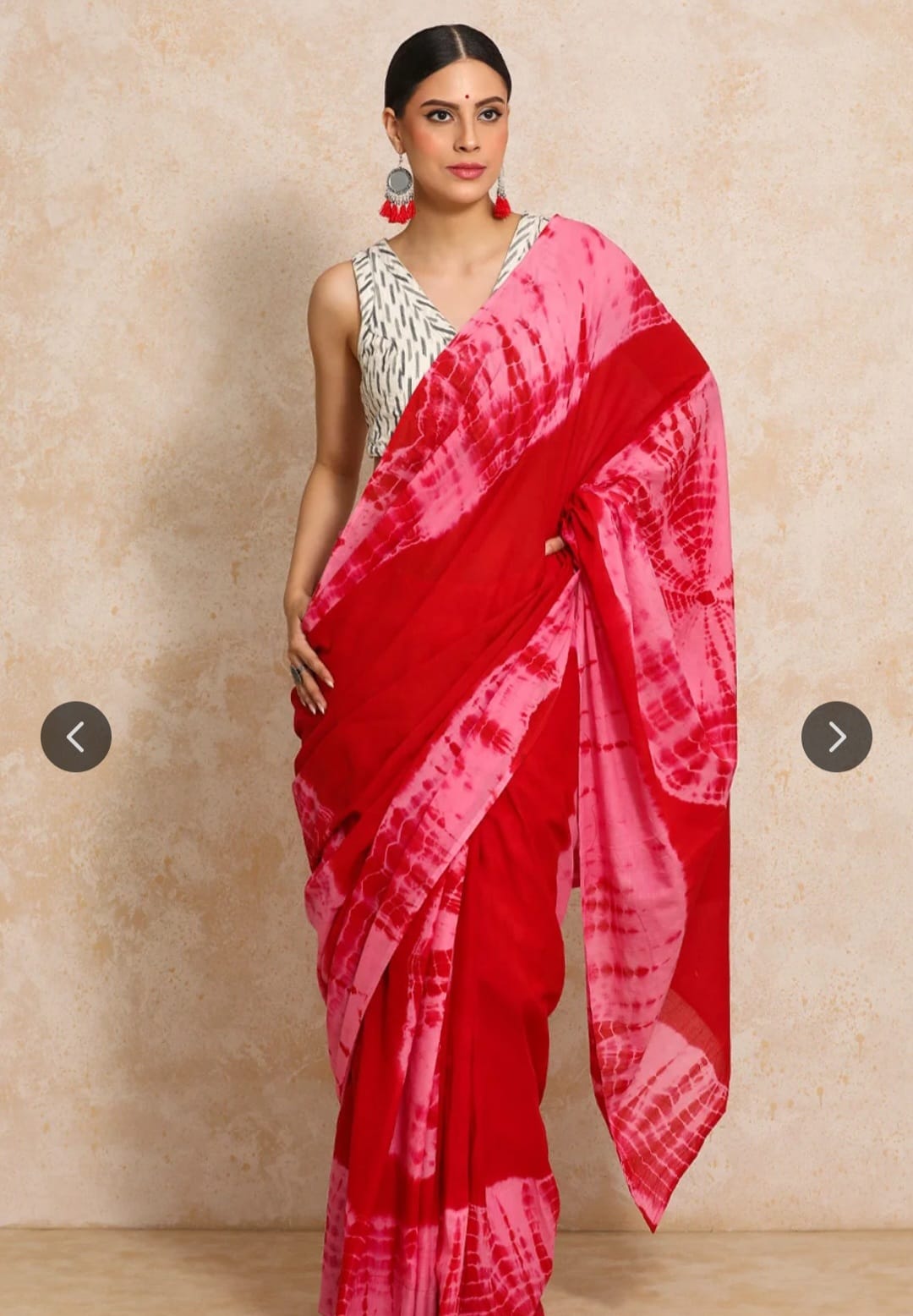 Cherry Red & Pink Tie-Dye Mul Cotton Saree | Boho-Chic