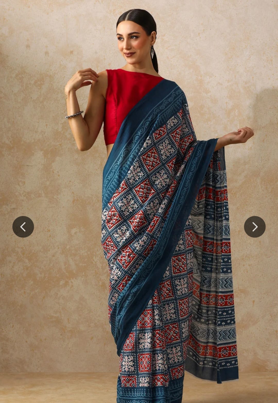 Indigo Blue & Red Geometric Mulmul Saree - The "Heritage Art" Vibe