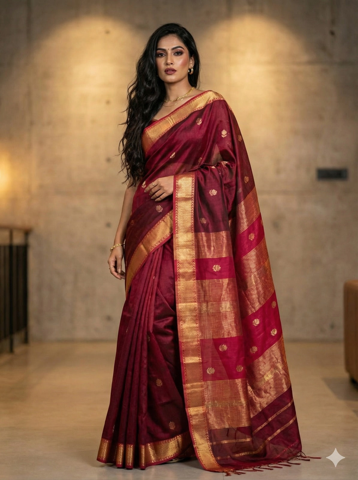 Handloom Wine Magenta Maheshwari Silk Cotton Saree with Floral Boota & Zari Border – Traditional Dobby Weave